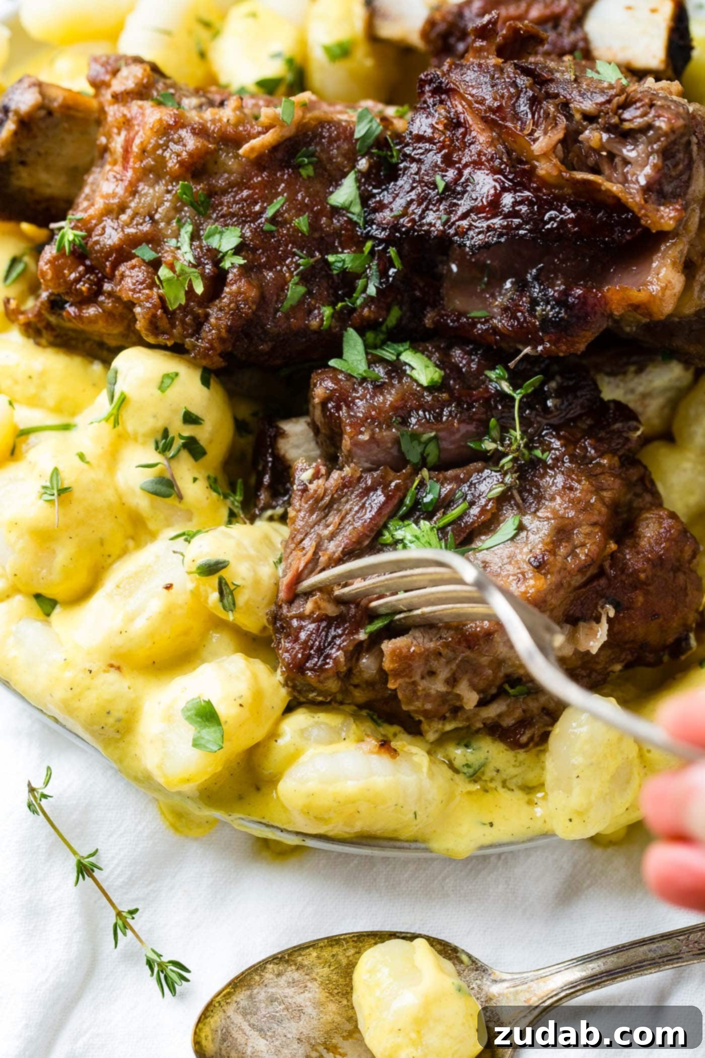 Beef Ribs with Charred Pepper Cream Sauce Gnocchi A close-up of a fork piercing a piece of braised beef short rib and gnocchi, showcasing the tender meat and creamy texture.