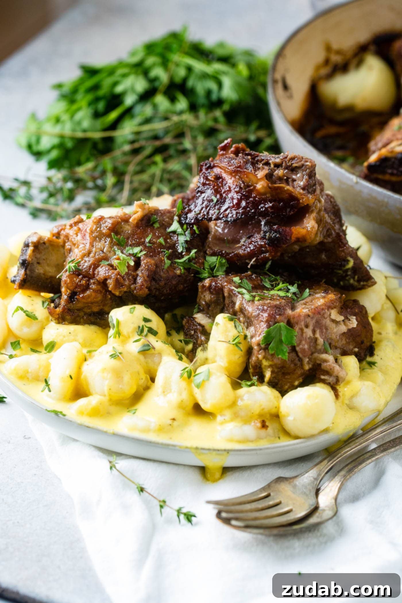 Beef Ribs with Charred Pepper Cream Sauce Gnocchi A grand serving of slow-cooked, oven braised beef short ribs resting on a generous helping of creamy charred pepper gnocchi, garnished for presentation.