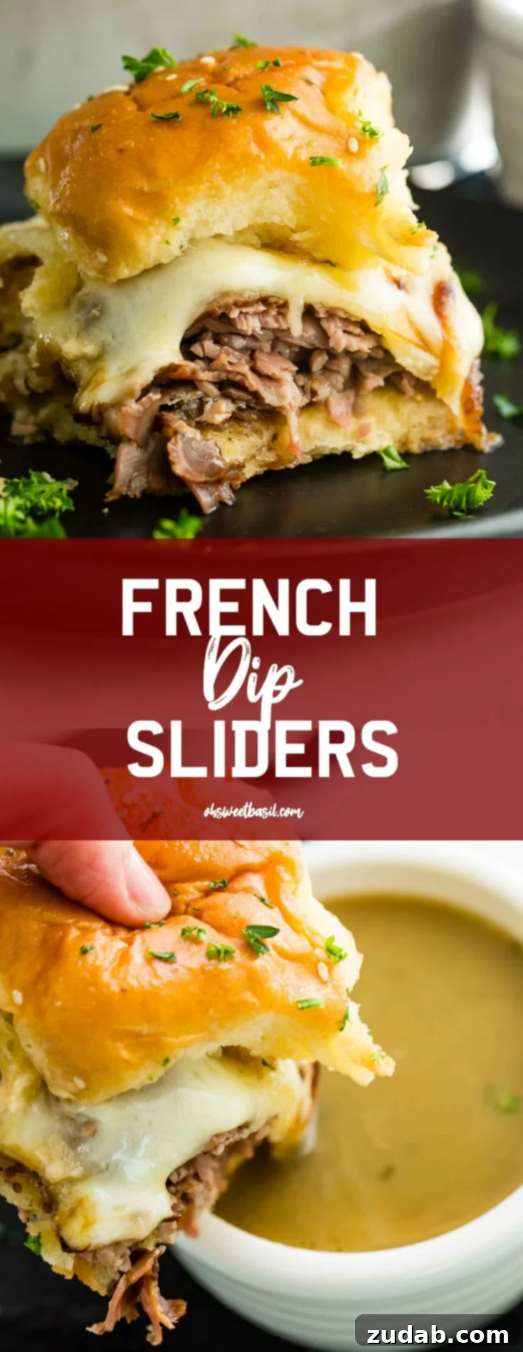 French Dip Sliders 8 A photo of a single french dip slider on a black plate.