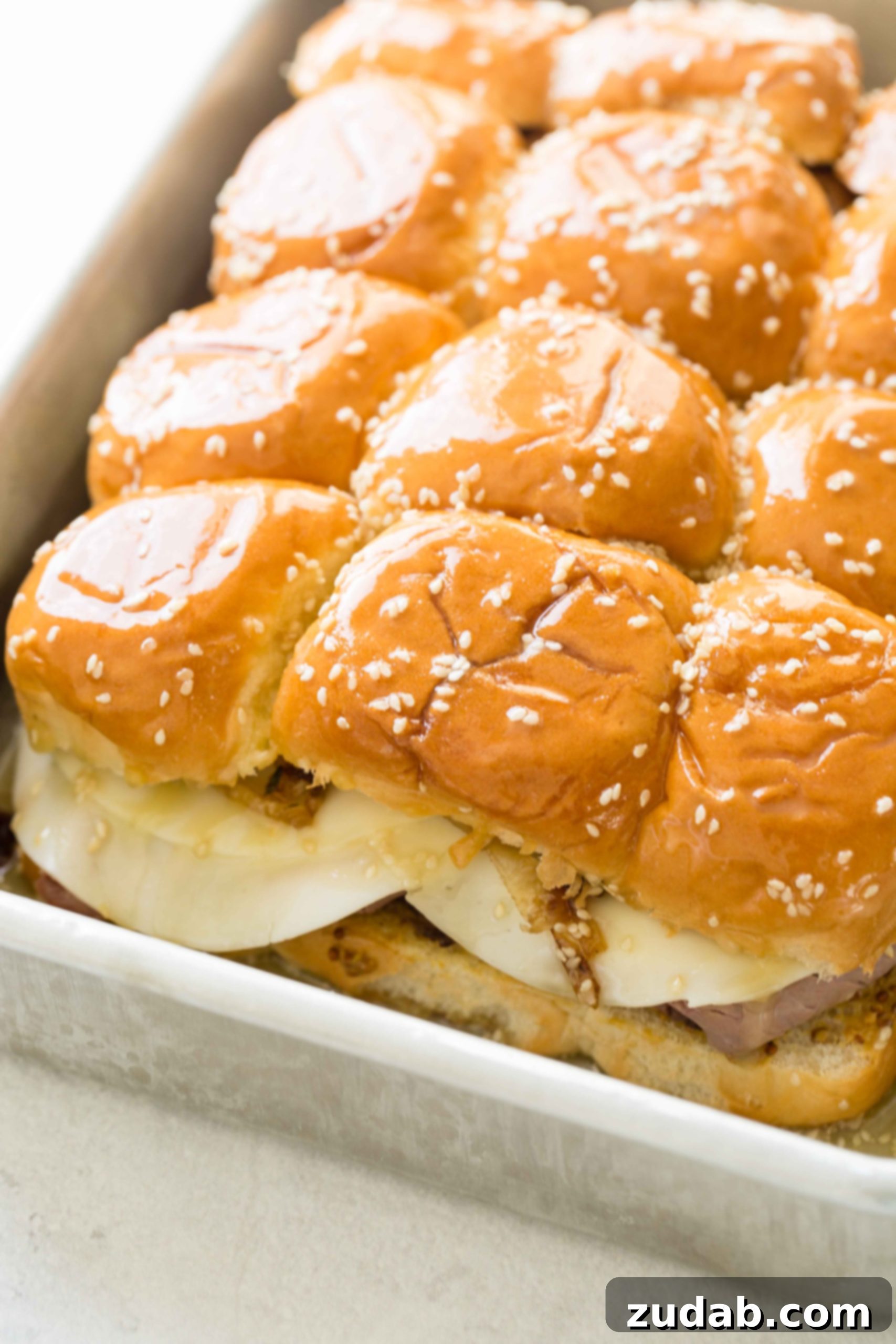 French Dip Sliders 2 A photo of the french dip sliders with the top rolls added.