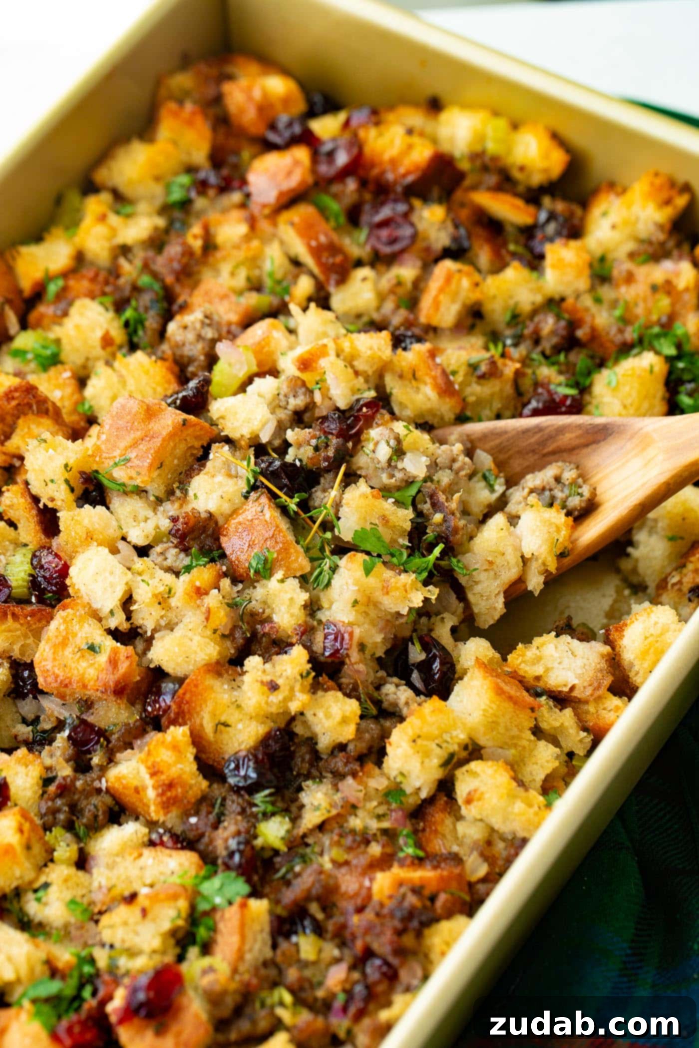 Cranberry Herb Sausage Stuffing A photo of my favorite stuffing recipe, cranberry herb sausage stuffing.