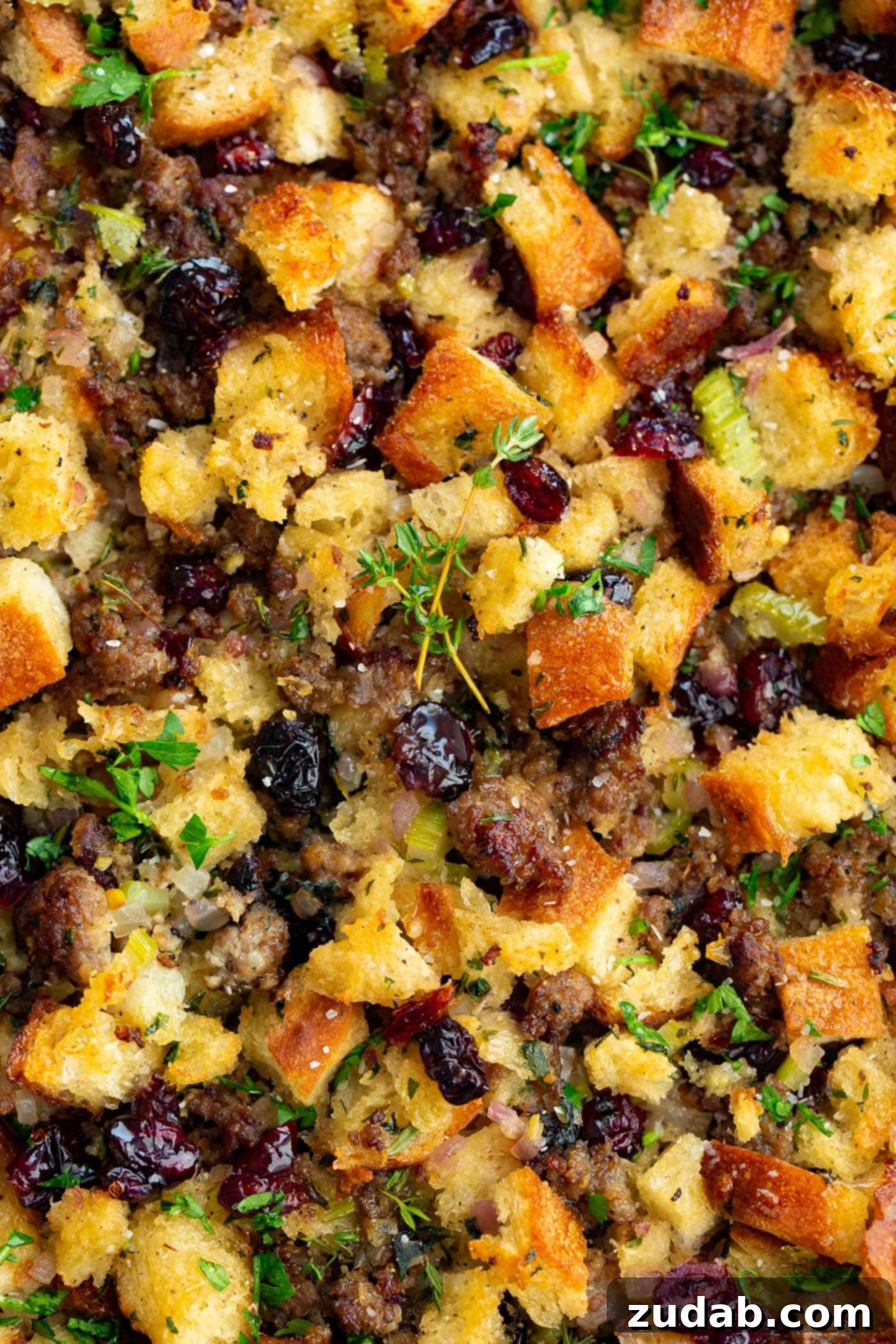 Cranberry Herb Sausage Stuffing A photo of my favorite stuffing recipe, cranberry herb sausage stuffing.