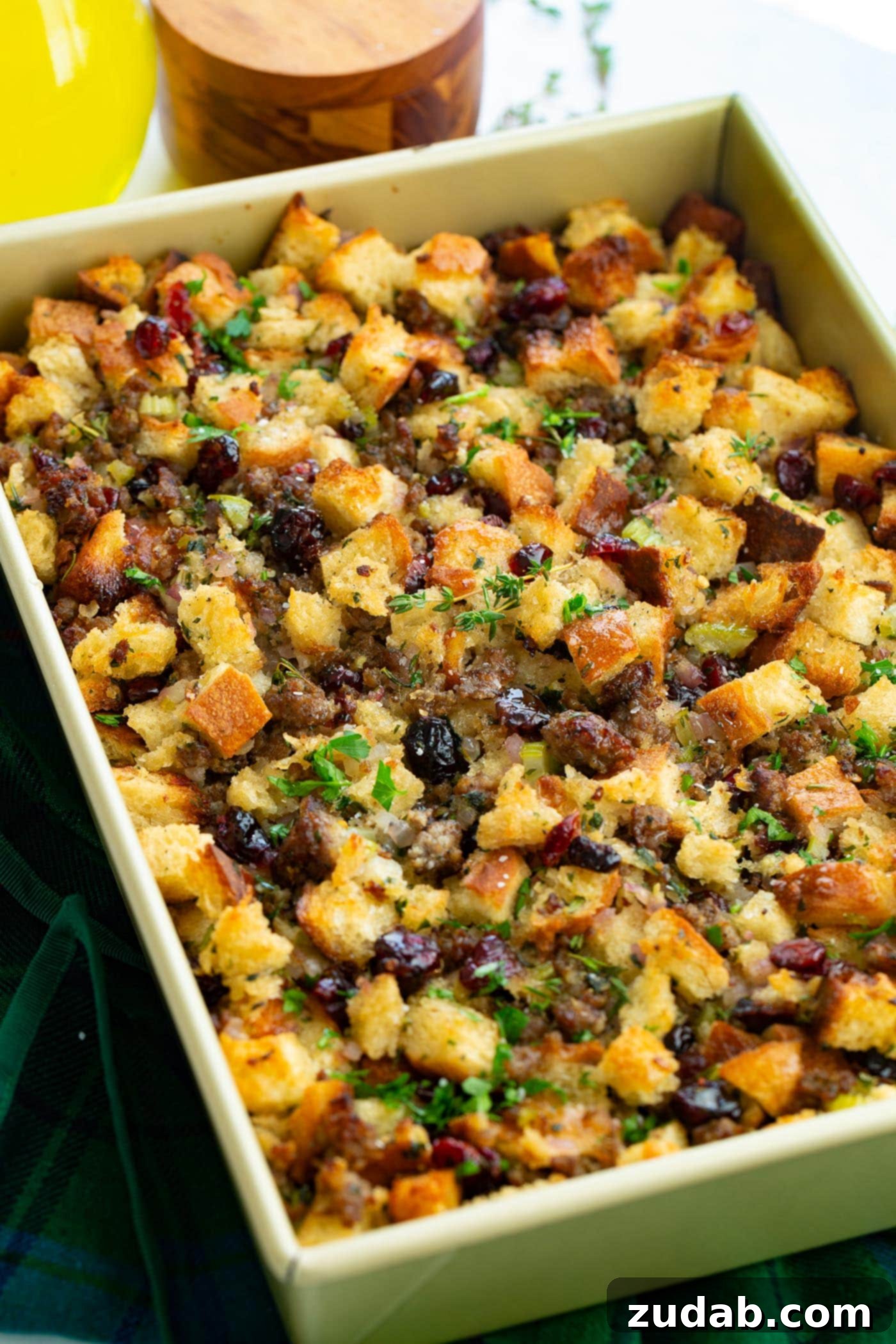 Cranberry Herb Sausage Stuffing A photo of my favorite stuffing recipe, cranberry herb sausage stuffing.