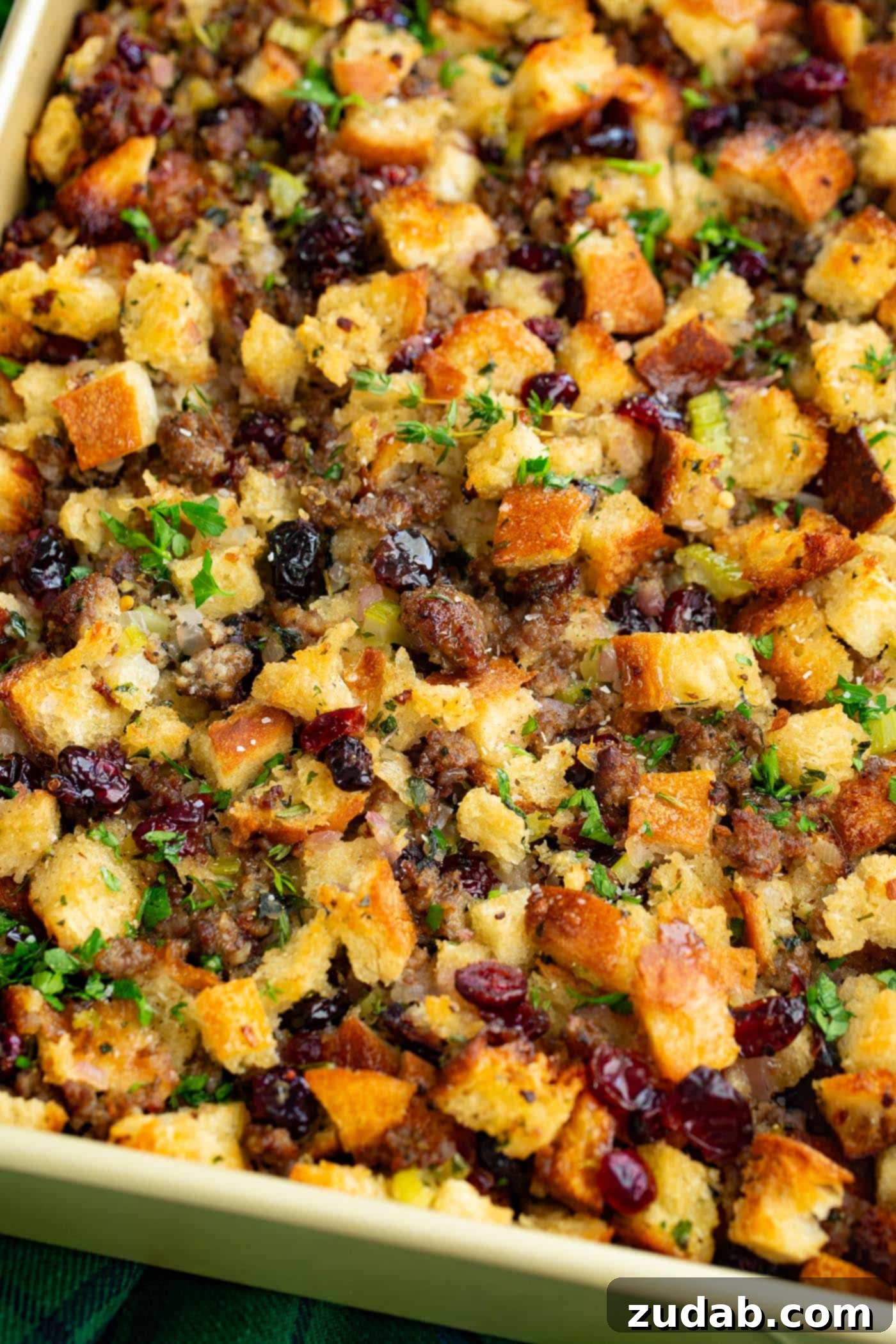 Cranberry Herb Sausage Stuffing A photo of my favorite stuffing recipe, cranberry herb sausage stuffing.