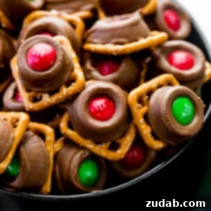 A festive image of Rolo Pretzel Bites with M&Ms, perfect for holiday gatherings.