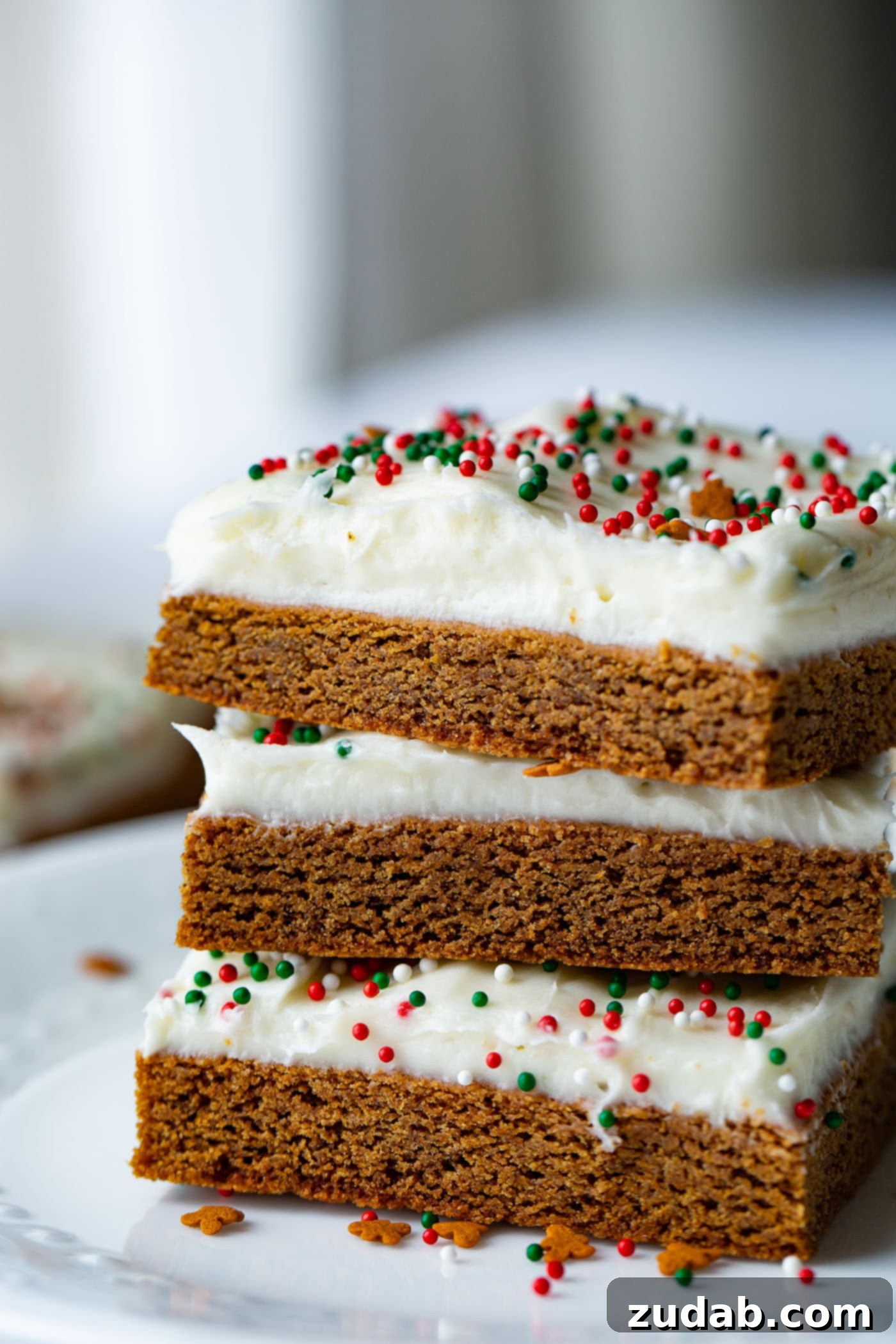 Gingerbread Bars with Cream Cheese Frosting A photo of three gingerbread bars frosted with cream cheese frosting stacked on top of each other, inviting viewers to indulge in this perfect holiday dessert.