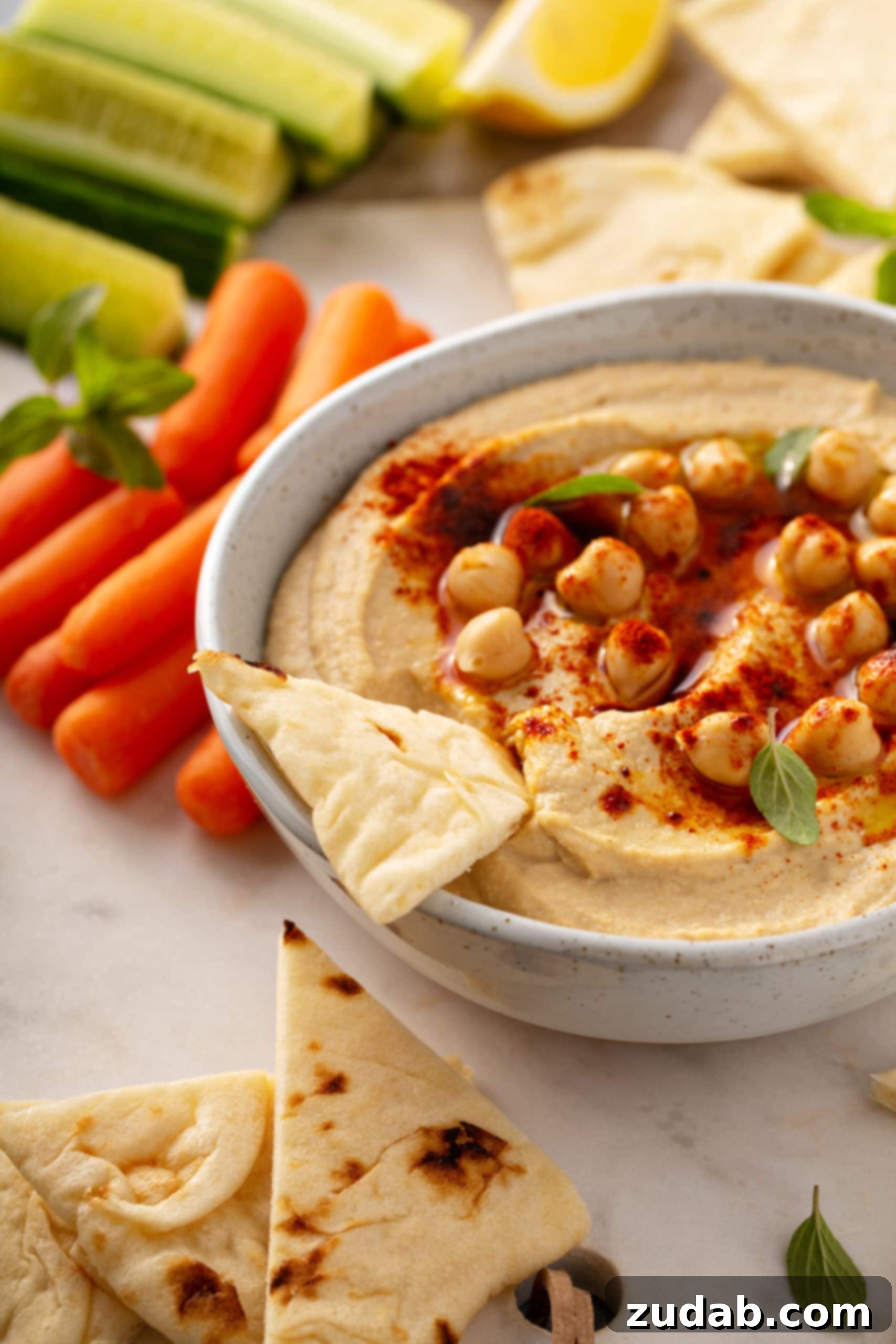 Best Easy Homemade Hummus Recipe A beautiful bowl of creamy homemade hummus, garnished with whole chickpeas and a sprinkle of smoked paprika, accompanied by a chip ready for dipping and fresh carrot sticks on the side.