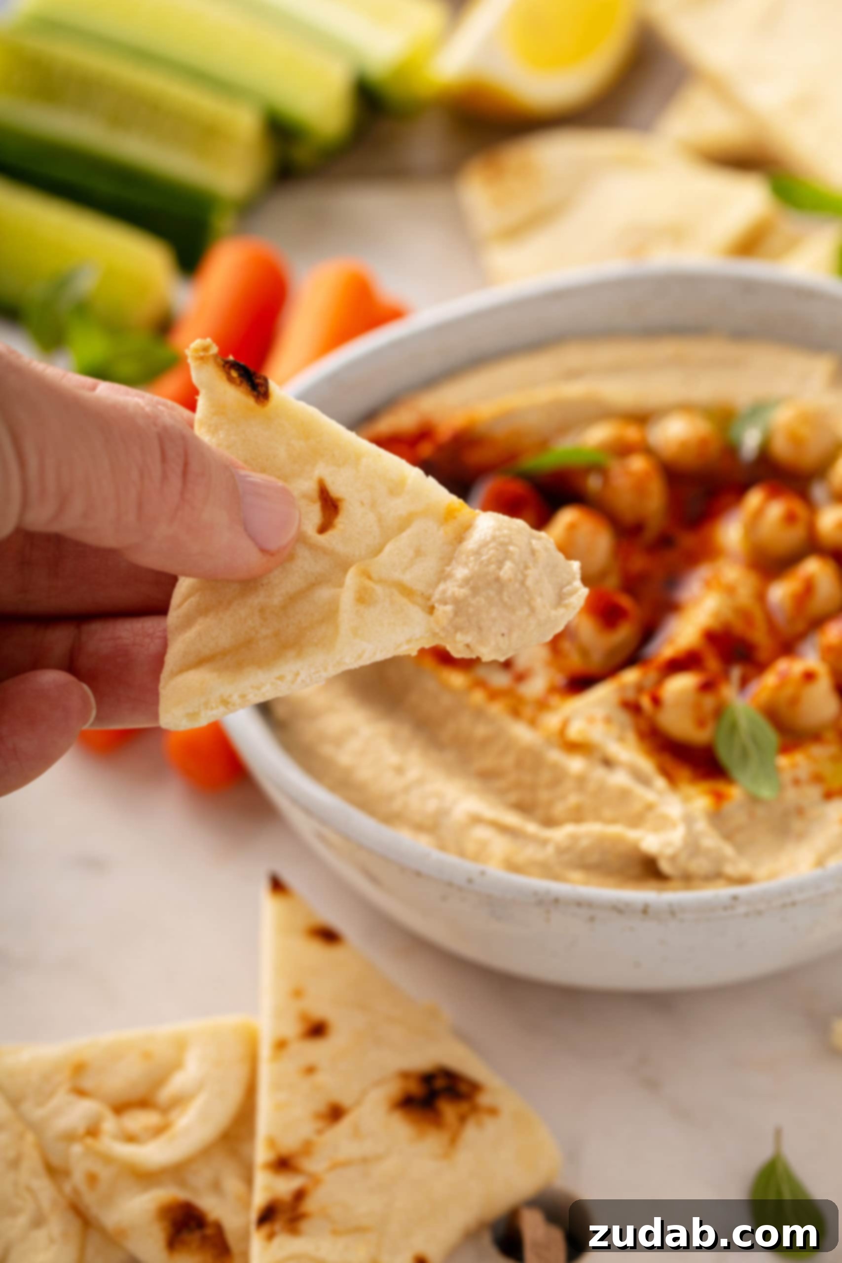 Enjoying Homemade Hummus A chip delicately dipped into a bowl of creamy homemade hummus, garnished with whole chickpeas and smoked paprika, with crisp carrot sticks in the background.