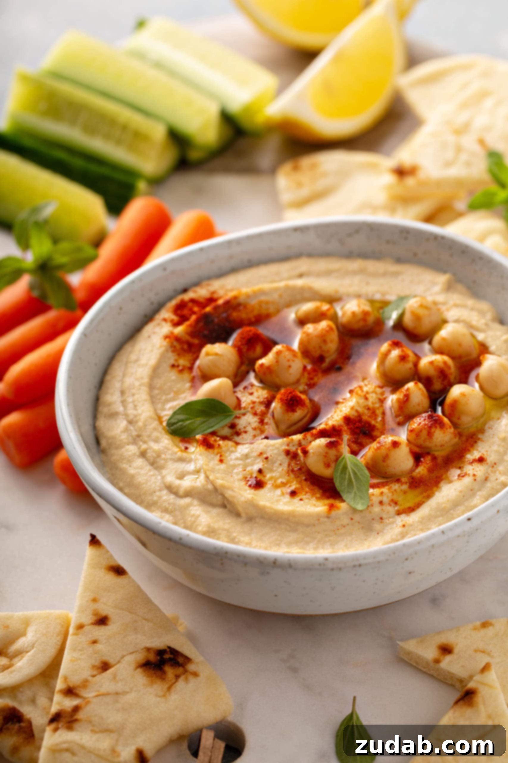 Hummus with Veggie Sticks Fresh celery and carrot sticks artfully arranged next to a bowl of homemade hummus, garnished with whole chickpeas and a sprinkle of smoked paprika.