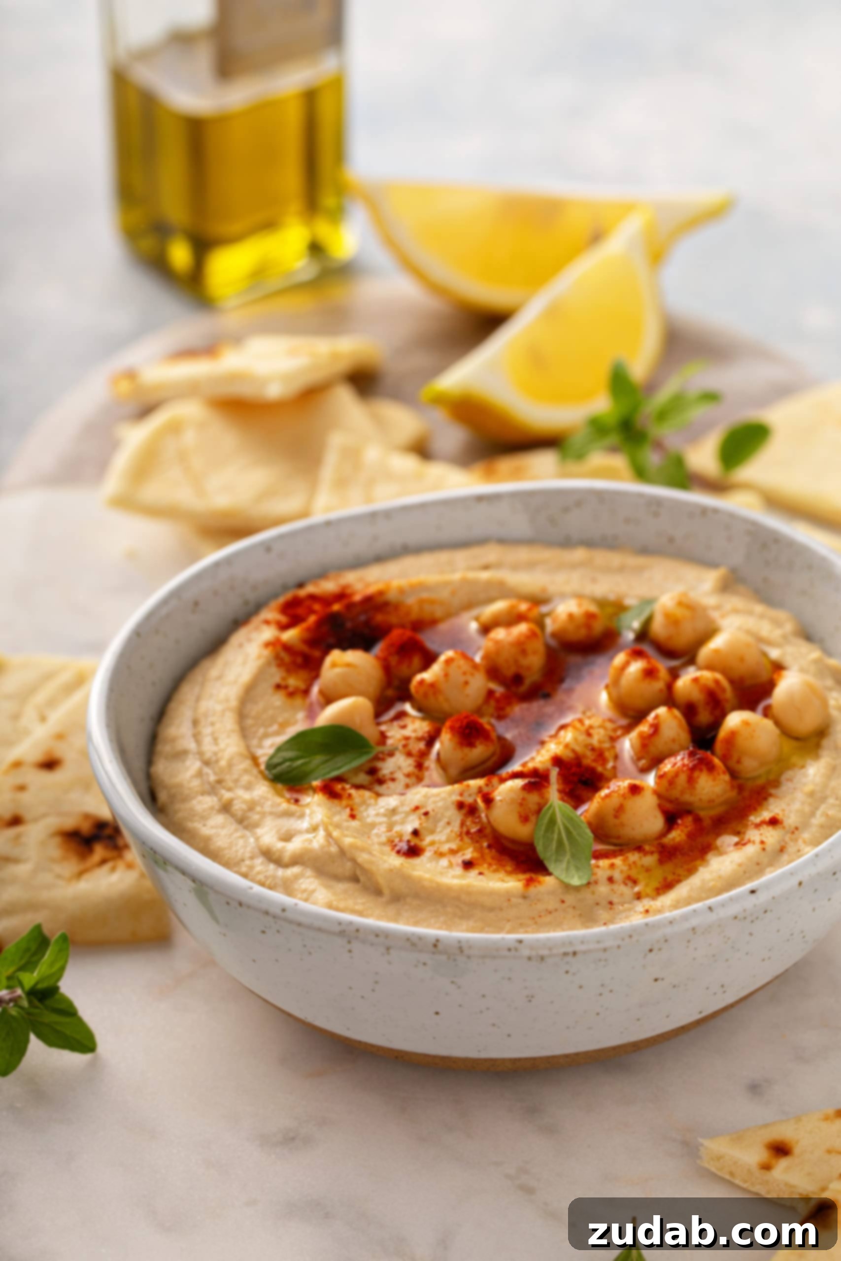 Hummus Garnished with Lemon A bowl of creamy hummus, adorned with whole chickpeas and smoked paprika, with fresh lemon wedges and pieces of tortilla artfully arranged in the background.