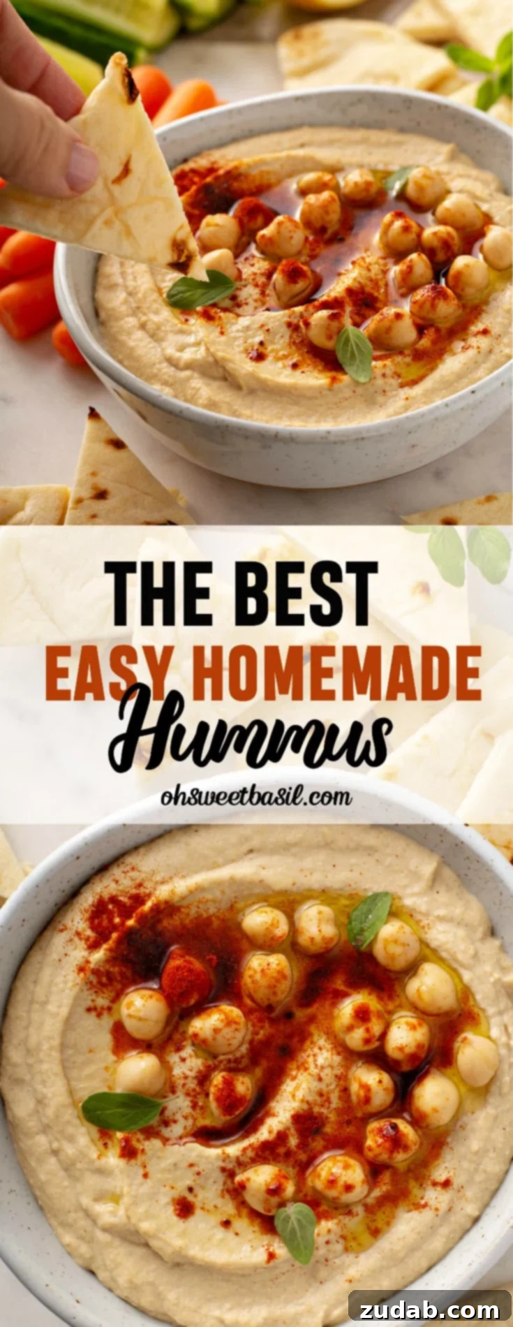 Perfect Homemade Hummus, Simplified 3 A bowl of creamy homemade hummus, garnished with whole chickpeas and a sprinkle of smoked paprika, with a chip dipped into it and fresh carrot sticks on the side.