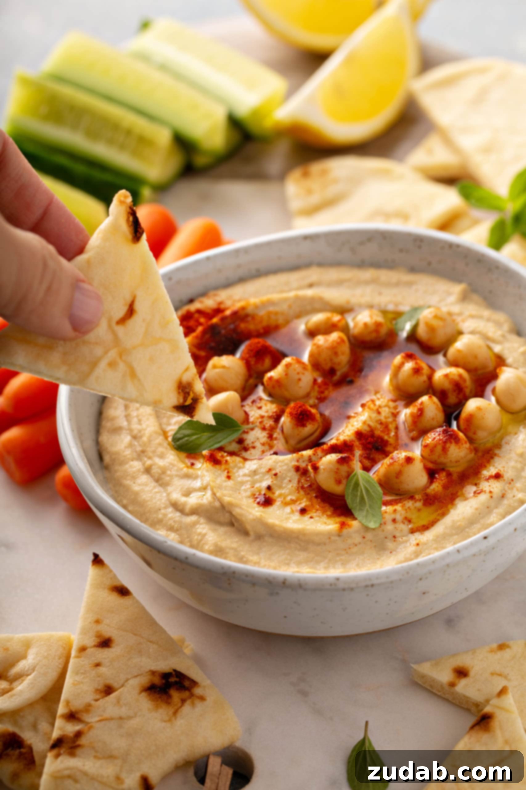 Classic Homemade Hummus A chip poised to scoop a dollop of fresh hummus, beautifully topped with whole chickpeas and a dusting of smoked paprika. Carrot and celery sticks are visible in the background, ready for dipping.