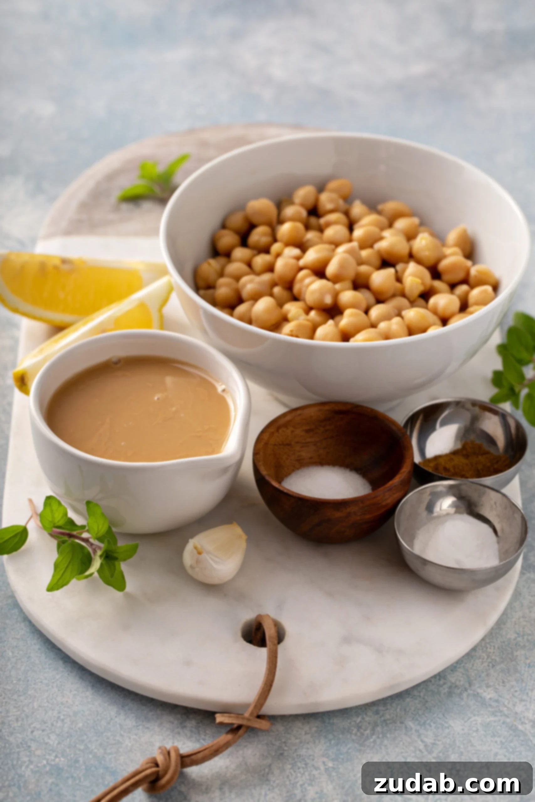 Homemade Hummus Ingredients A selection of fresh hummus ingredients beautifully arranged on a rustic wooden board: a large bowl of chickpeas, smaller bowls of fine sea salt, ground cumin, and baking soda, alongside a cup of smooth tahini, a whole garlic clove, and vibrant lemon wedges.