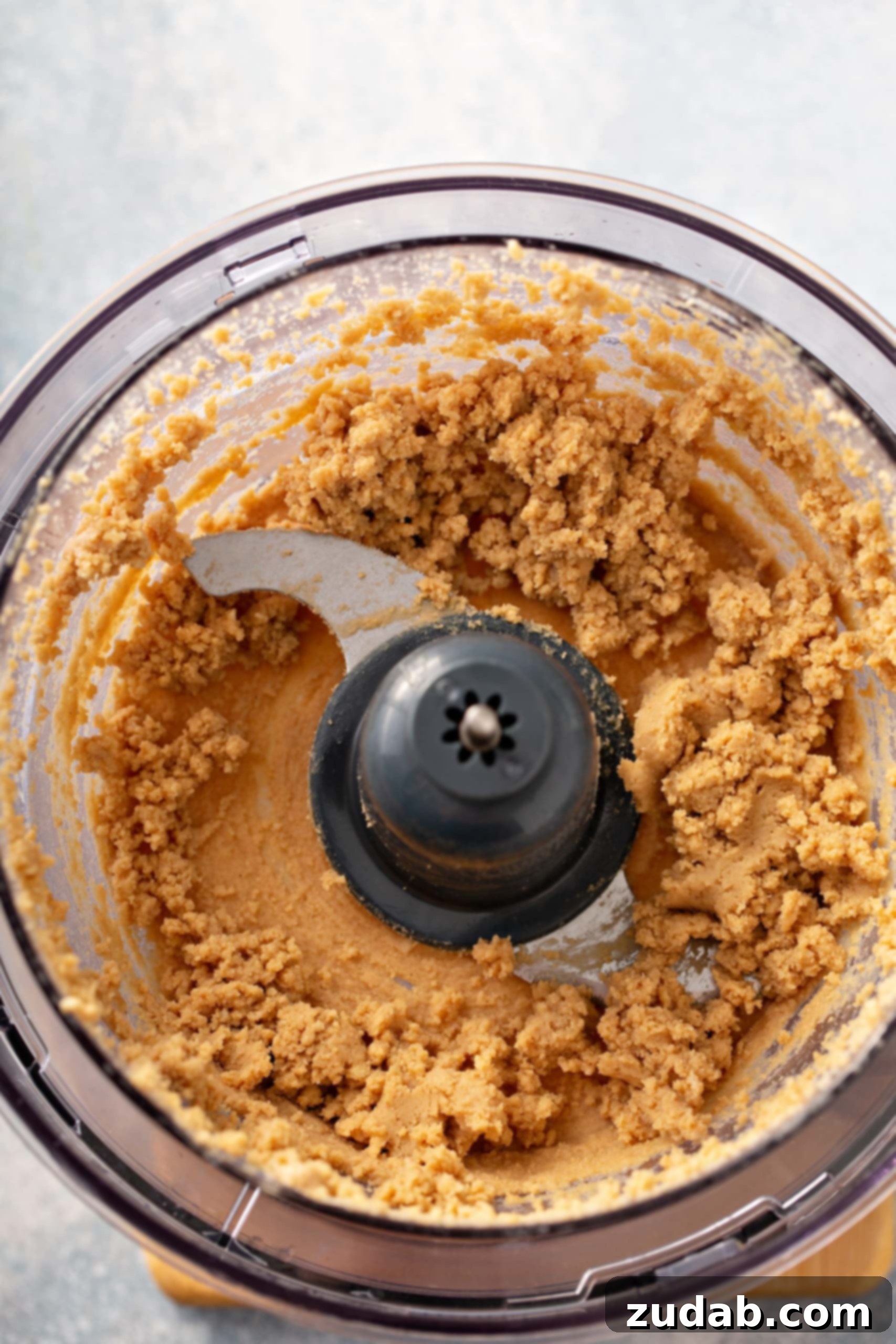 Blending Hummus Base A food processor containing partially blended chickpeas, lemon juice, garlic, and salt, beginning its transformation into creamy hummus.
