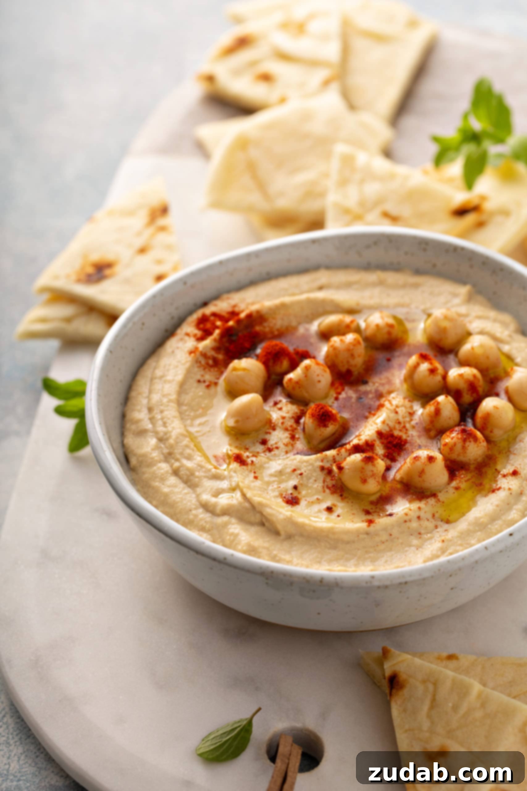 Garnished Hummus with Tortilla Wedges A vibrant serving of homemade hummus, garnished with whole chickpeas and smoked paprika, surrounded by crisp flour tortilla wedges.