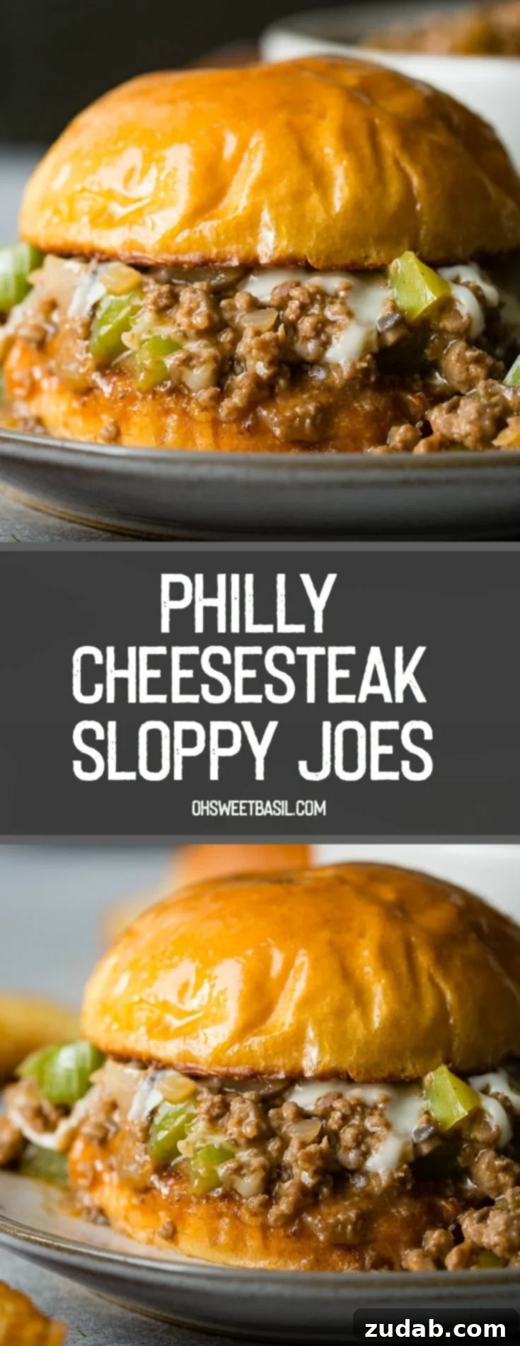 Ultimate Philly Cheesesteak Sloppy Joes 3 A photo of a philly cheesesteak sloppy joe on a toasted brioche bun on a white plate.