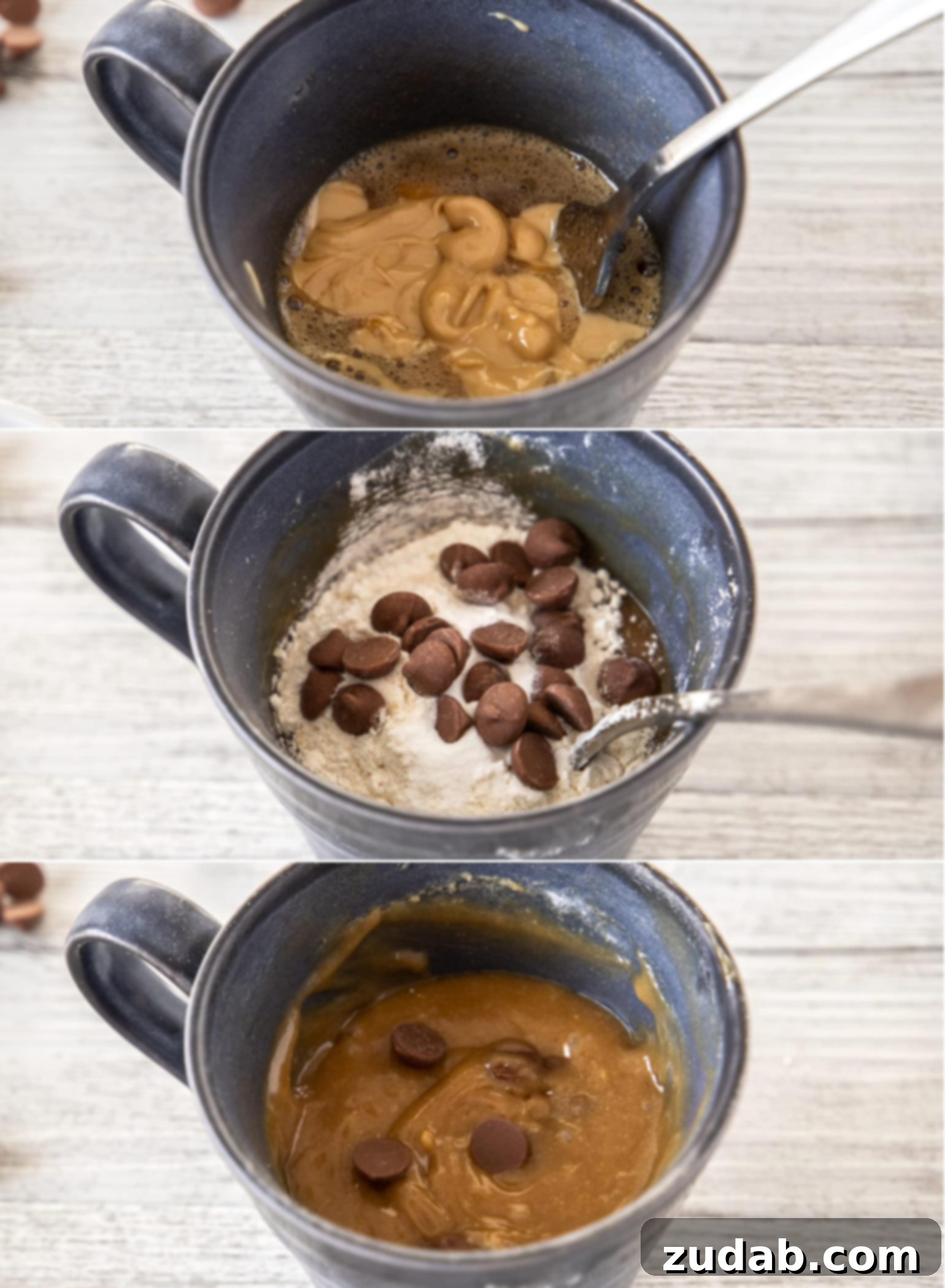Microwave PB Bliss 4 A collage of 3 images showing the stages of making a mug cake, from mixing ingredients to the baked cake, illustrating the simplicity of the process.