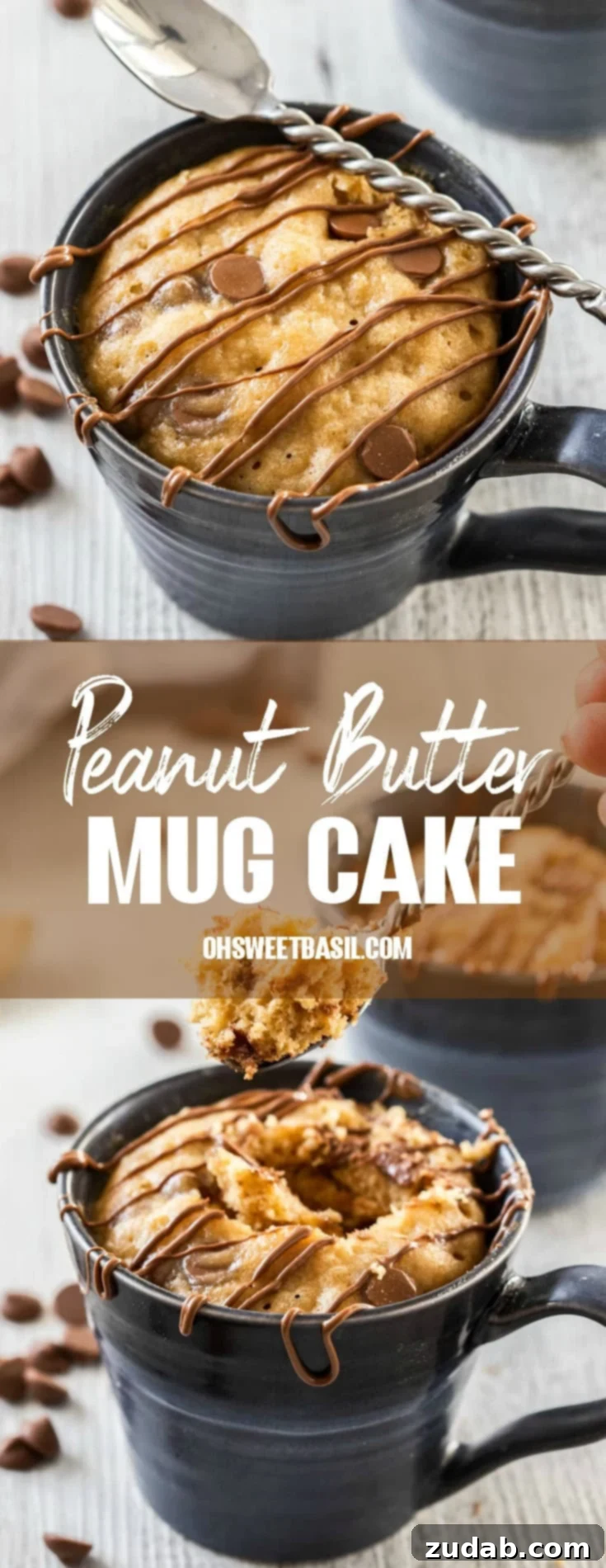 Microwave PB Bliss 8 Birdseye view of a mug cake in a blue mug with chocolate drizzled over the top and a spoon sitting on top, highlighting its quick preparation and kid-friendly nature.