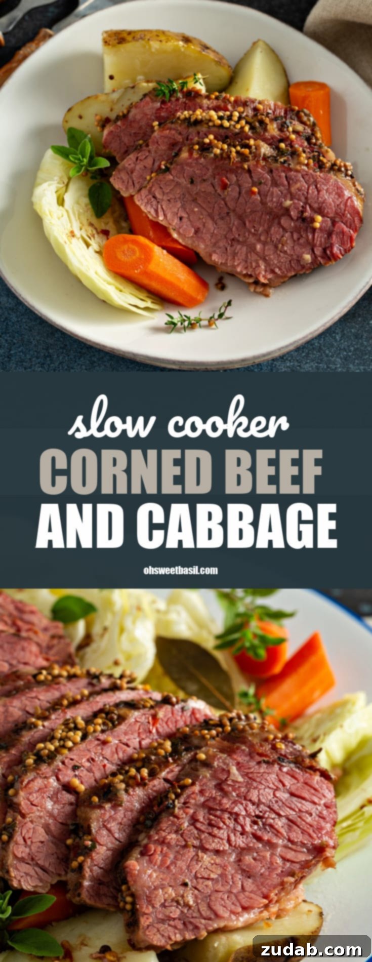 Fall-Apart Tender Slow Cooker Corned Beef and Cabbage 3 Three slices of corned beef resting on potatoes and carrots and cabbage on a white serving plate. There are forks next to the plate.