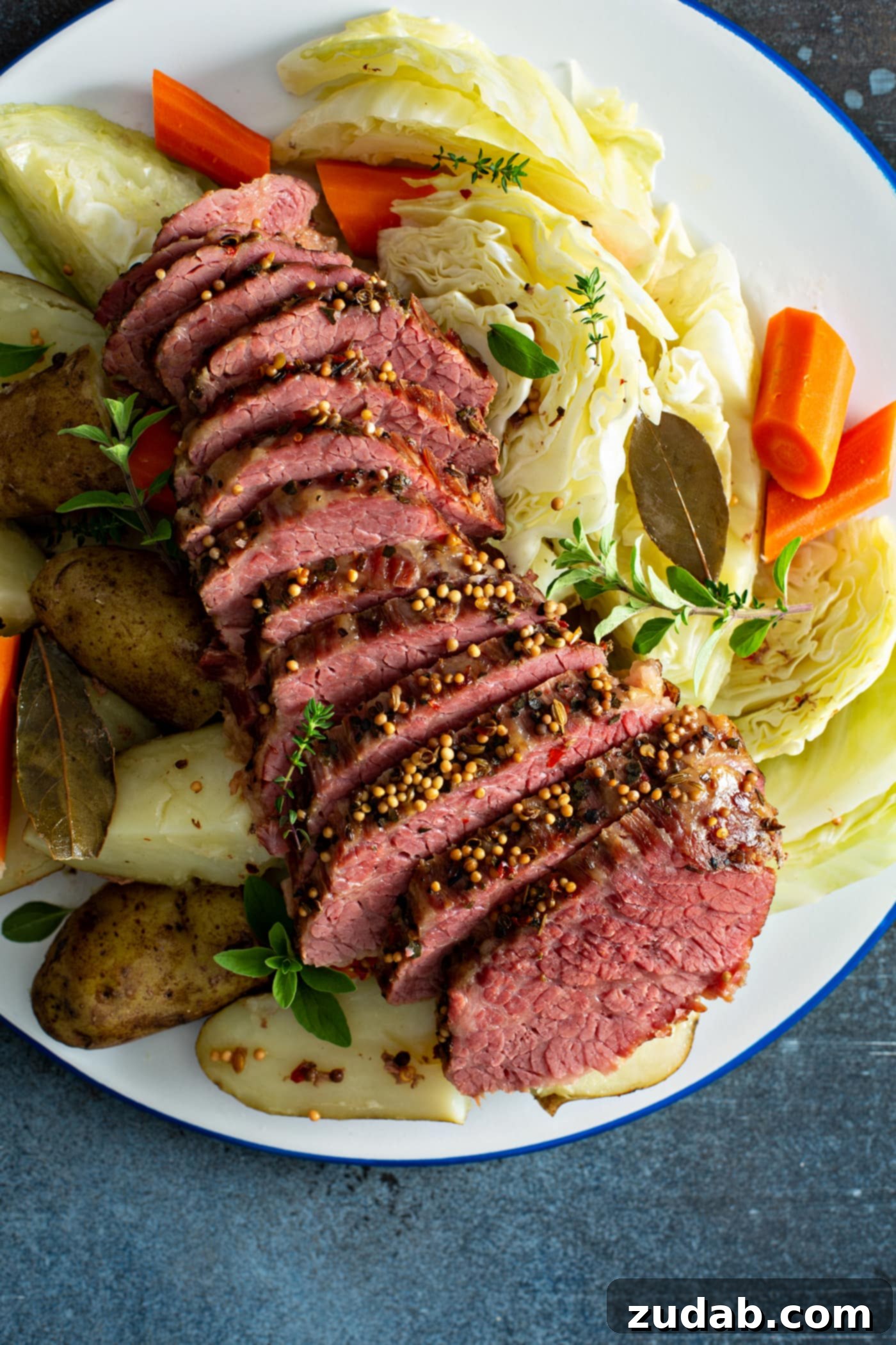 Slow Cooker Corned Beef and Cabbage A serving tray of sliced corned beef with potatoes and carrots on one side and cabbage and carrots on the other side.