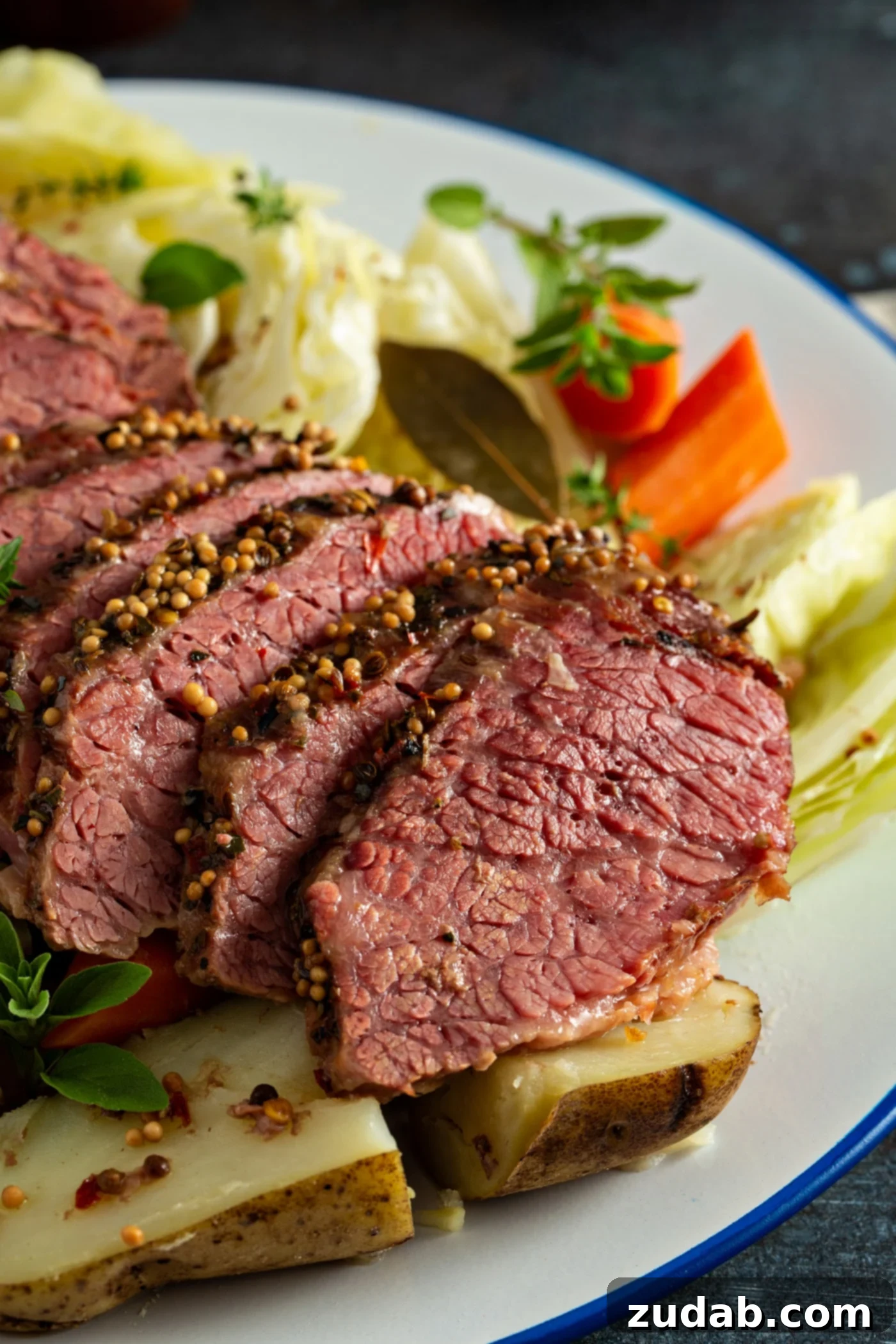 Slow Cooker Corned Beef and Cabbage Slice corned beef resting on top of cabbage, potatoes and carrots with sprigs of herbs on the side.