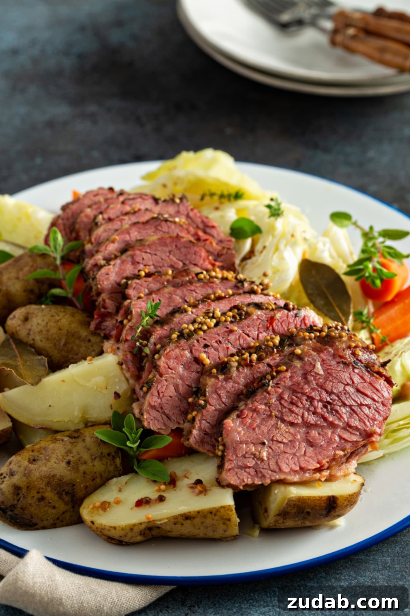 Slow Cooker Corned Beef and Cabbage A serving tray with sliced corned beef surrounded by potatoes, carrots and cabbage with sprigs of herbs on top.