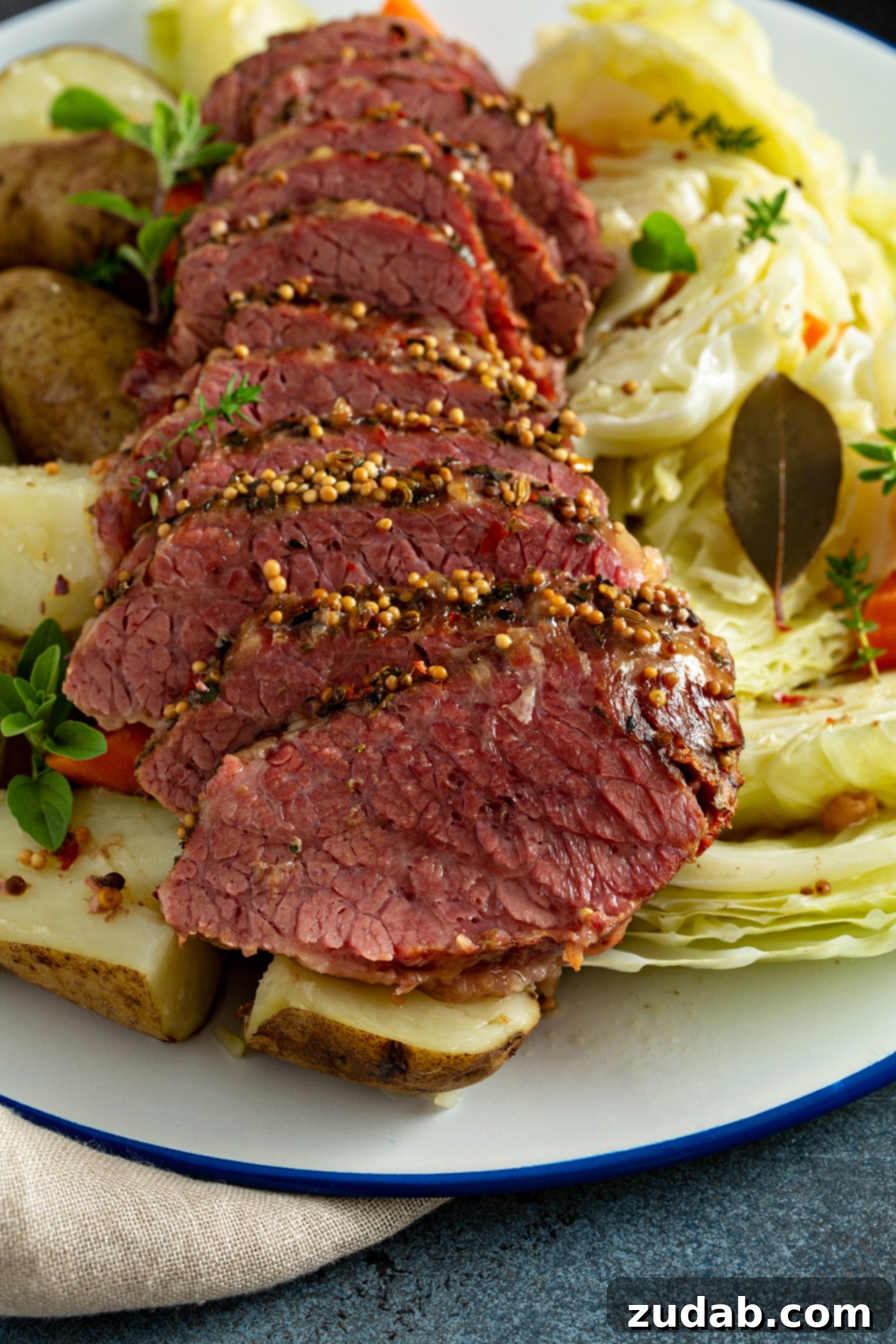 Slow Cooker Corned Beef and Cabbage Sliced corned beef laying on top of potatoes, carrots and cabbage.