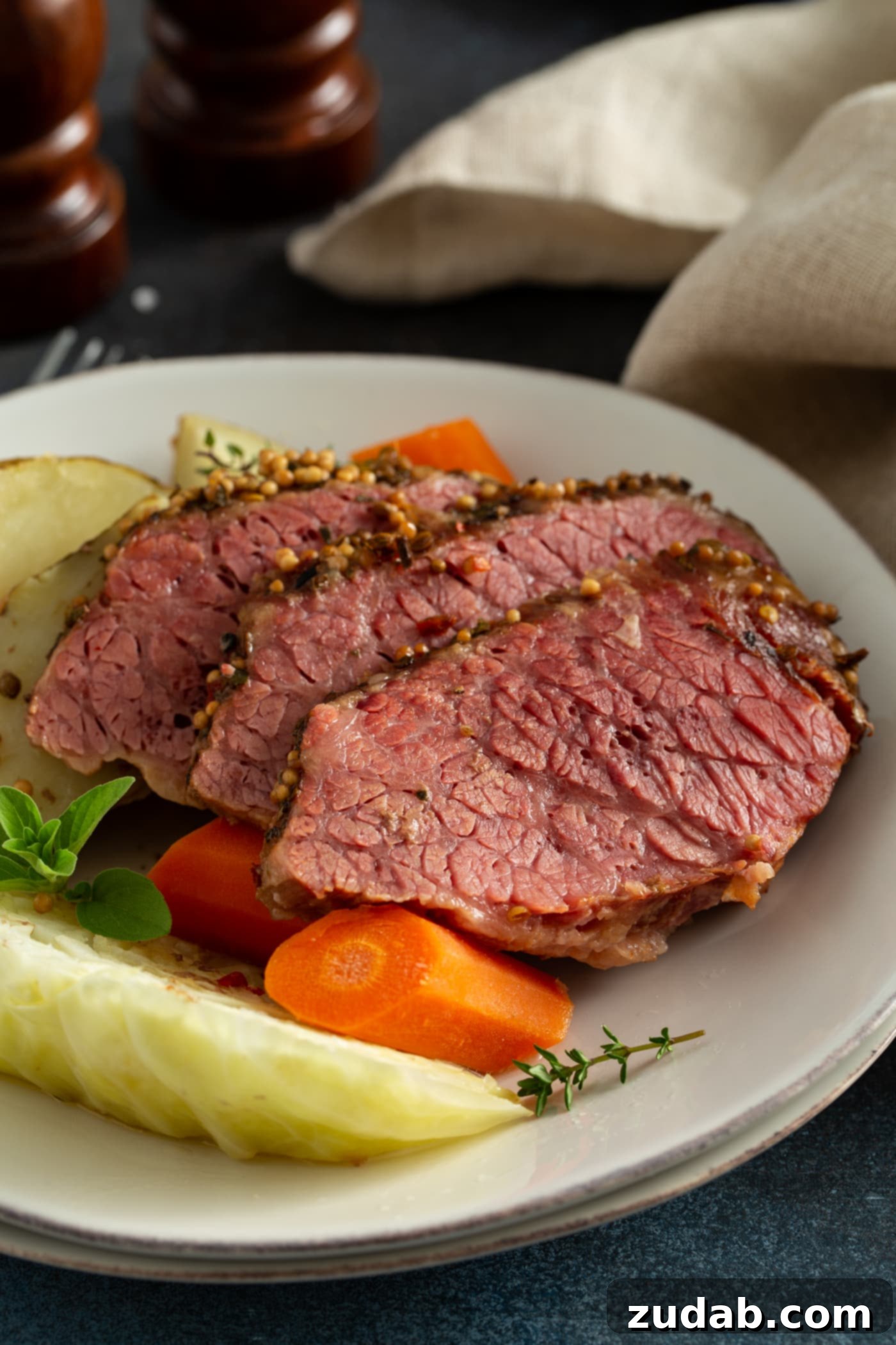 Slow Cooker Corned Beef and Cabbage Three slices of corned beef next to carrots and potatoes and cabbage, all on a white serving plate. There are sprigs of green herbs on top.