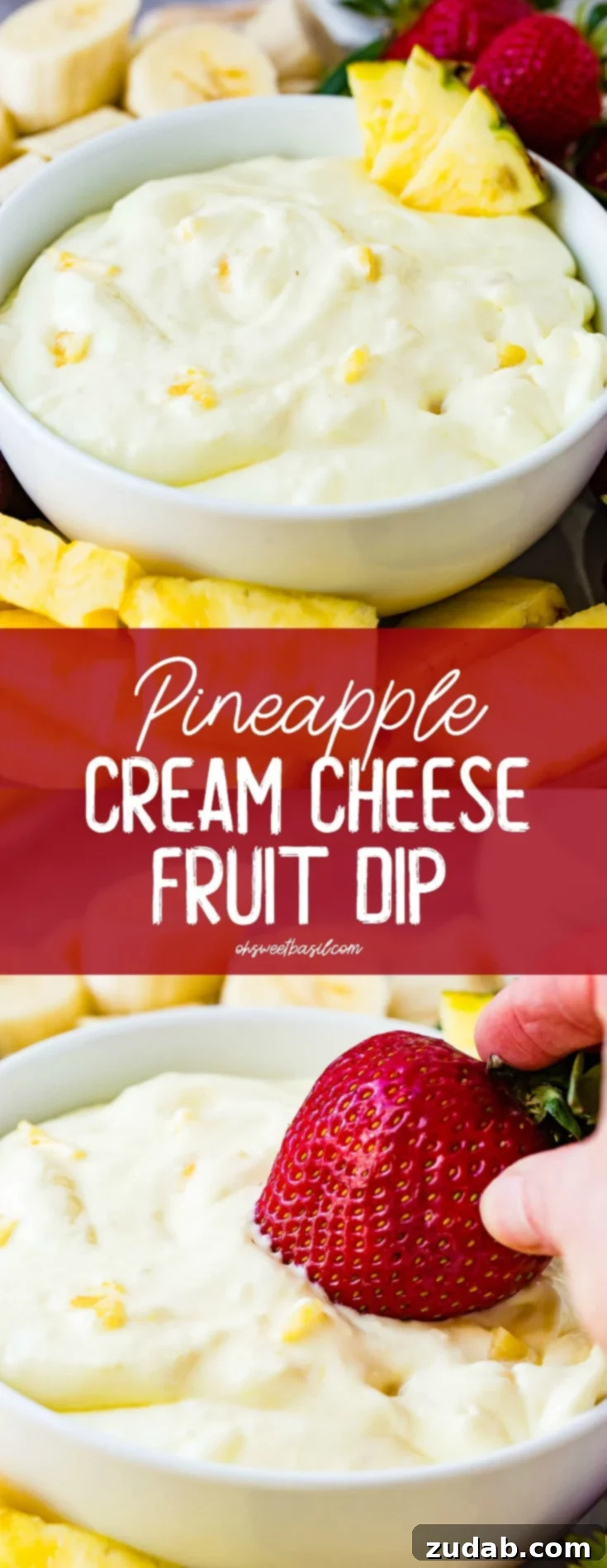 Luscious Pineapple Cream Cheese Fruit Dip 8 A bowl of pineapple fruit dip with three pieces of pineapple on the edge of the bowl. The bowl is sitting on a serving tray with banana slices, red grapes, pineapple chunks, and strawberries surrounding the bowl.