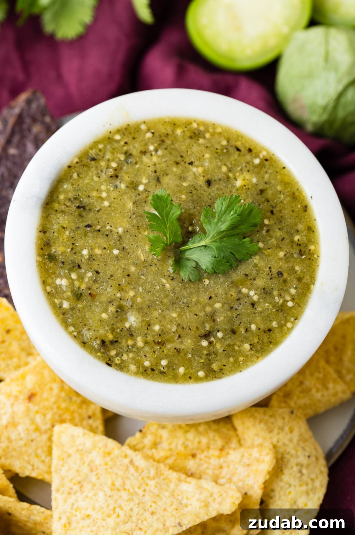 Authentic Salsa Verde From Scratch 3 A close-up of a beautifully presented bowl of homemade salsa verde, adorned with a fresh cilantro sprig, surrounded by a generous scattering of crisp corn tortilla chips.