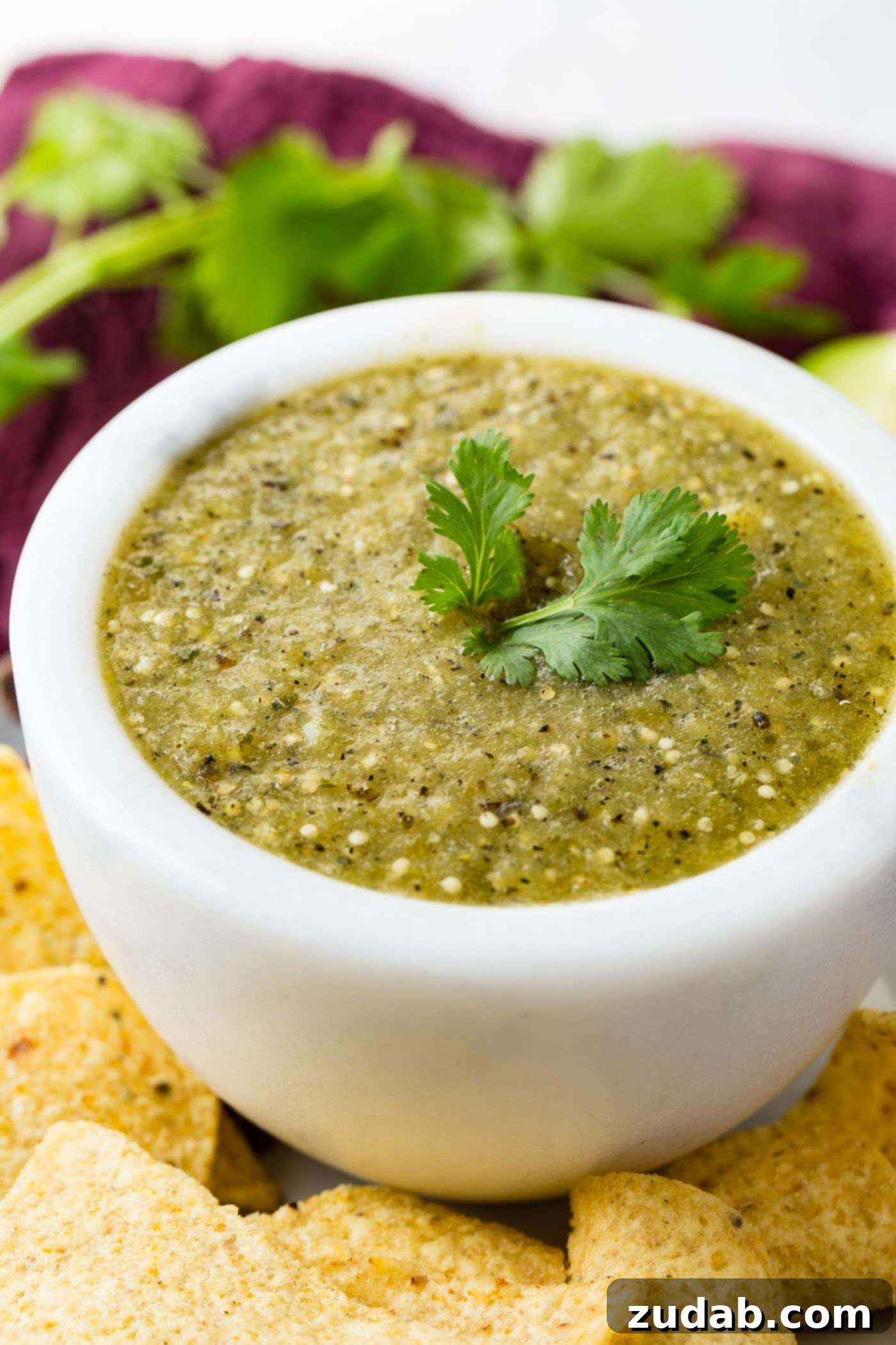 Authentic Salsa Verde From Scratch 6 A pristine white bowl filled with vibrant salsa verde, topped with a fresh cilantro sprig. The bowl is surrounded by golden corn chips, with fresh tomatillos and cilantro leaves artfully blurred in the background.