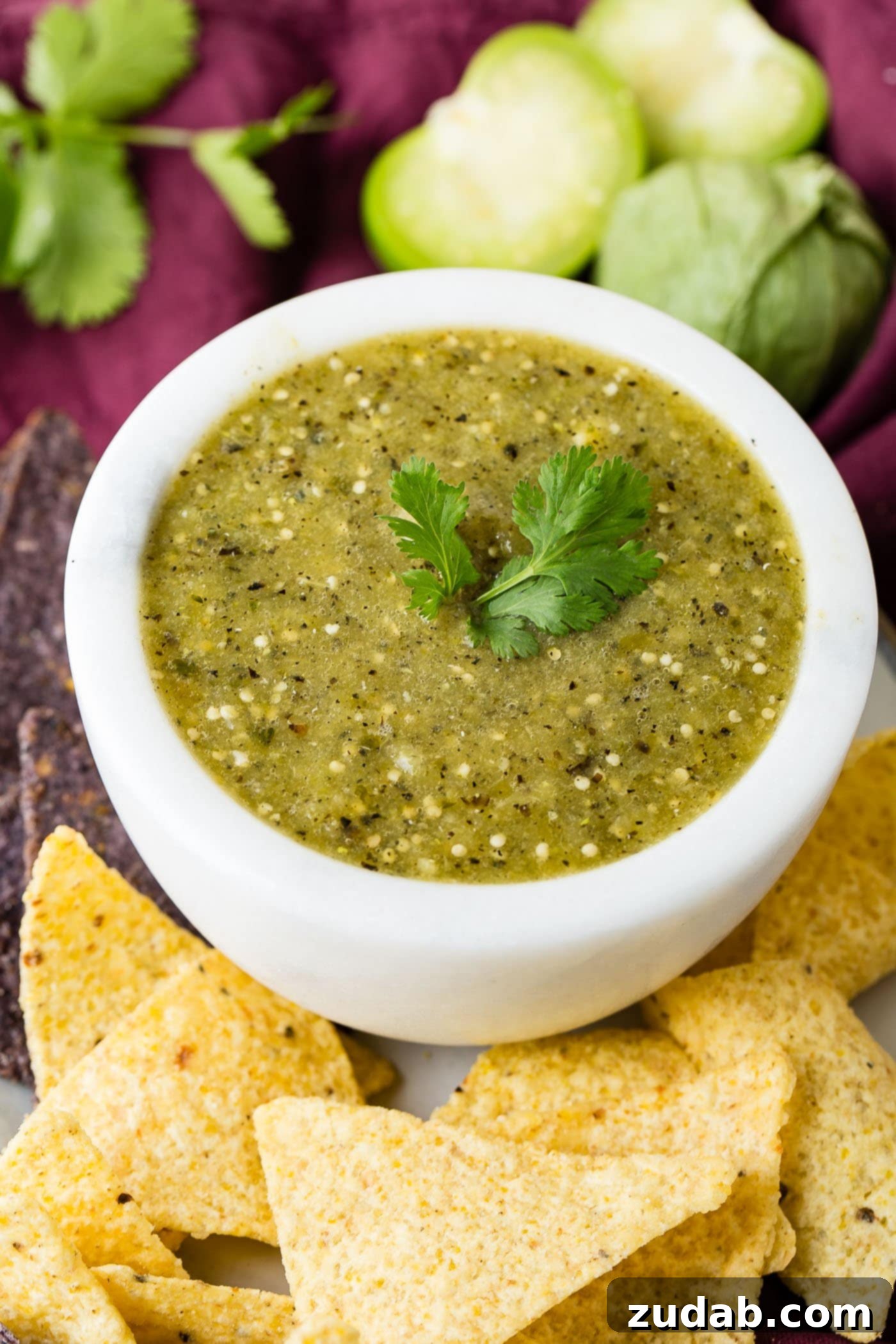 Authentic Salsa Verde From Scratch 7 A beautifully composed shot featuring a white bowl of salsa verde with cilantro leaves on top, surrounded by crunchy corn chips. Fresh tomatillos and cilantro are artfully arranged in the background, hinting at the fresh ingredients.