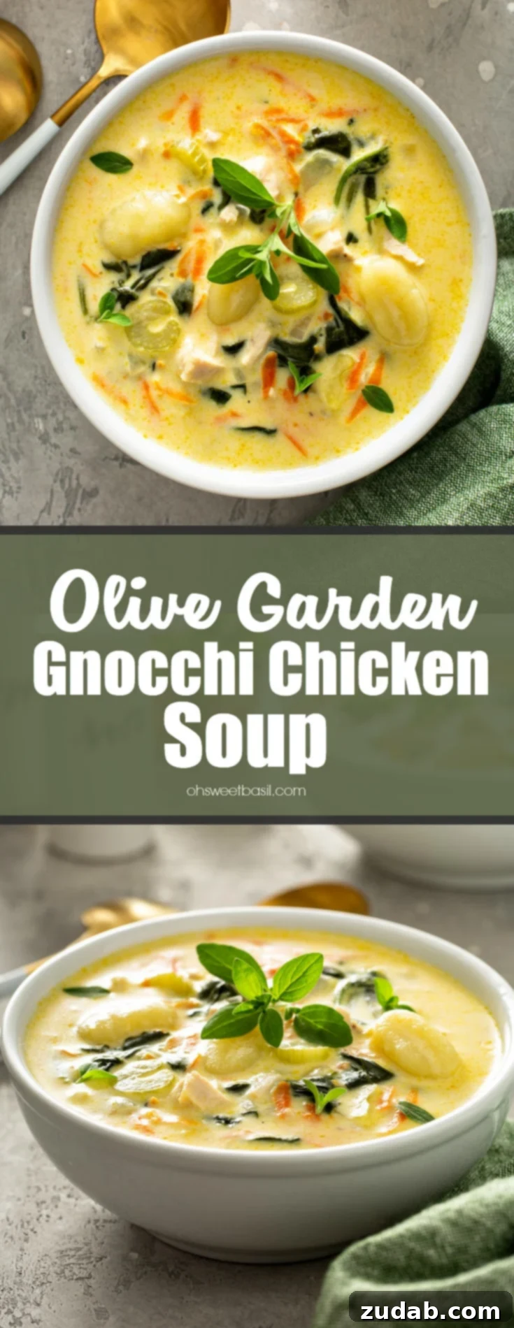 Olive Garden Chicken & Gnocchi Soup 3 Two visually appealing bowls of creamy Olive Garden style chicken gnocchi soup. The soup is rich with shredded carrots, gnocchi, celery, and spinach. Fresh herbs are elegantly sprinkled on top, and the table setting includes two soup spoons, salt and pepper shakers, and a green napkin, creating a perfect scene for a warm, comforting meal.