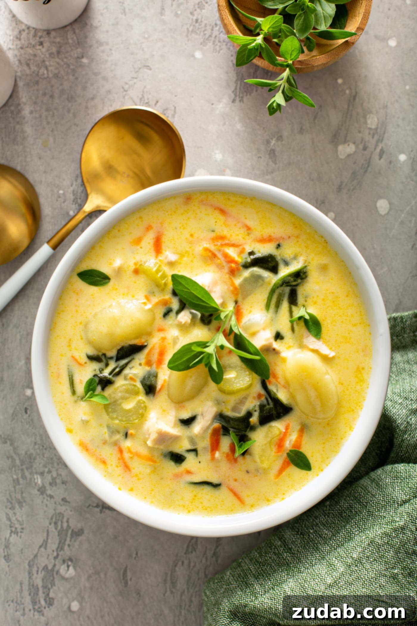 Olive Garden Gnocchi Chicken Soup A close-up of a single bowl of copycat Olive Garden chicken gnocchi soup. The creamy soup features tender chicken pieces, soft gnocchi, bright green spinach, and orange shredded carrots. Two soup spoons rest beside the bowl.