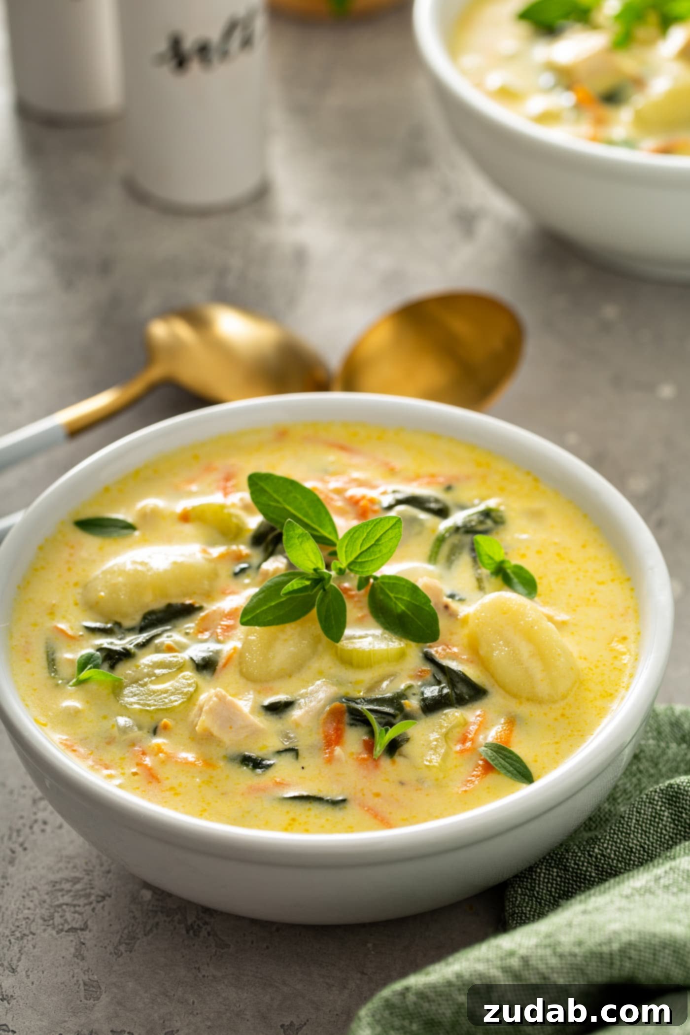 Olive Garden Gnocchi Chicken Soup A bowl of rich, creamy gnocchi soup with shredded carrots, gnocchi, celery, and chicken visible. Fresh herbs are sprinkled on top, and two soup spoons are placed next to the bowl, inviting a warm meal.