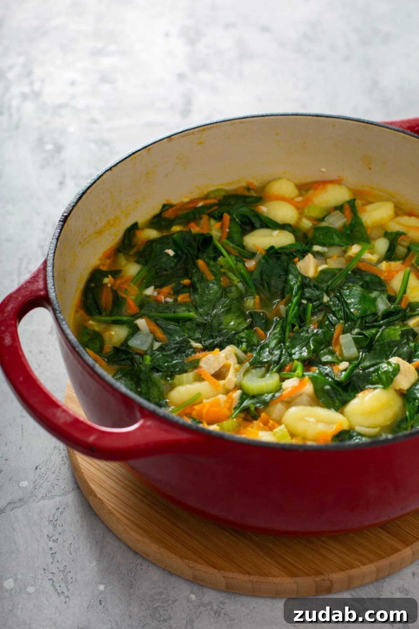 Olive Garden Gnocchi Chicken Soup A red Dutch oven filled with the creamy chicken gnocchi soup, showing the blend of spinach, gnocchi, shredded carrots, celery, onions, and chicken, ready to be served.