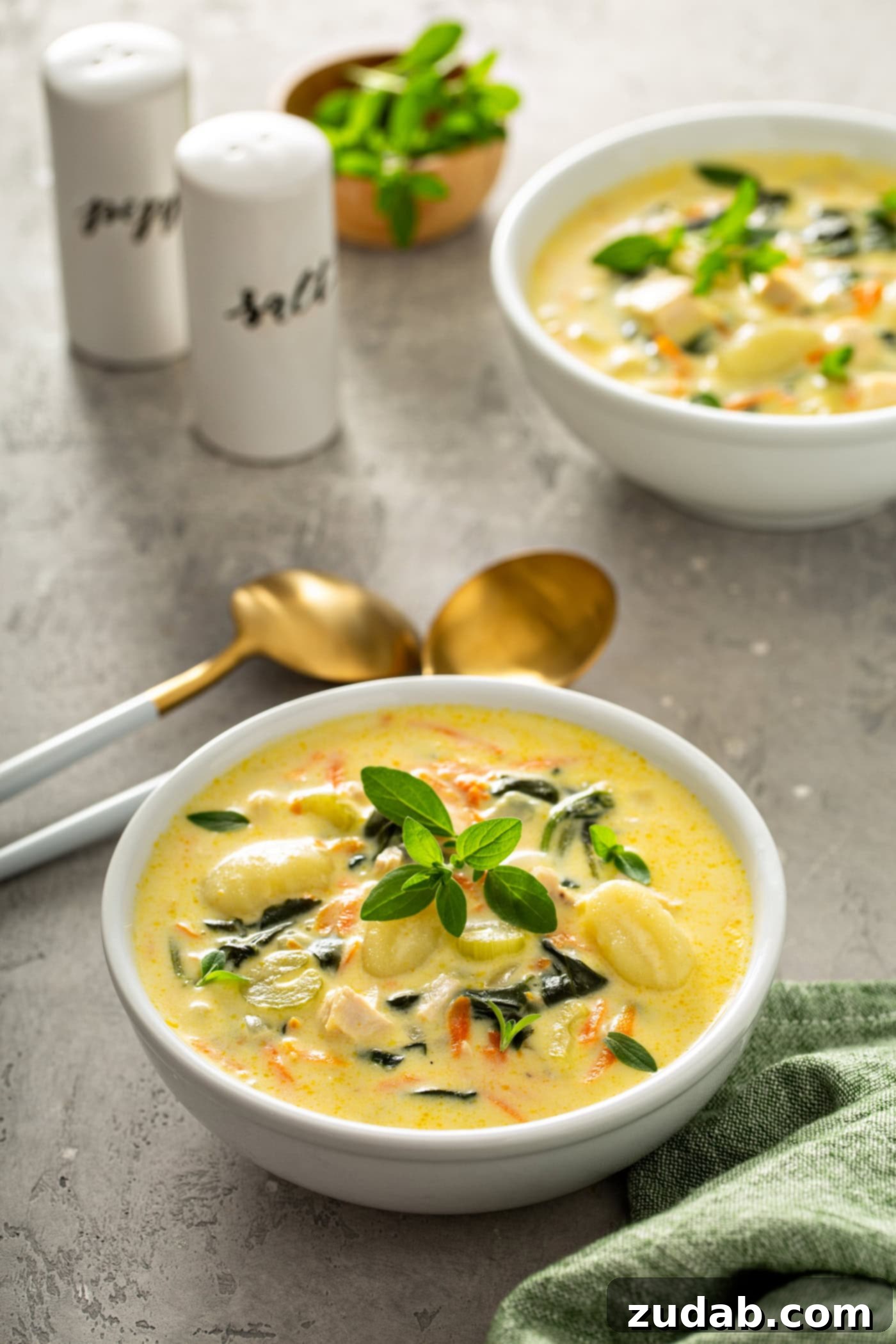 Olive Garden Gnocchi Chicken Soup Two bowls of inviting Olive Garden style chicken gnocchi soup sit on a table. The creamy soup is filled with shredded carrots, gnocchi, celery, and spinach. Fresh herbs are scattered on top, and dining essentials like soup spoons, salt and pepper shakers, and a green napkin complete the cozy setting.