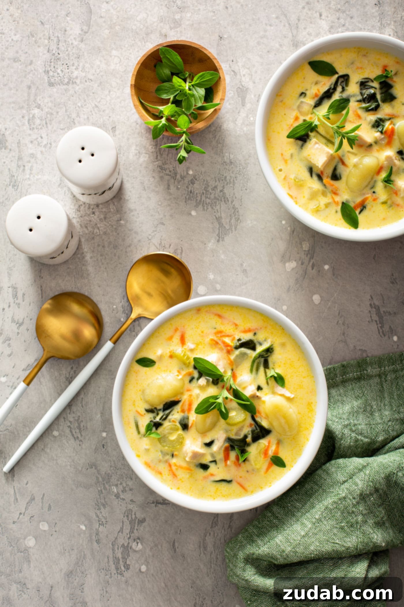 Olive Garden Gnocchi Chicken Soup Two steaming bowls of homemade Olive Garden chicken gnocchi soup, richly garnished with fresh herbs. The creamy soup features tender chicken, pillowy gnocchi, vibrant spinach, and crisp carrots. Two soup spoons, salt and pepper shakers, and a green napkin are arranged nearby.