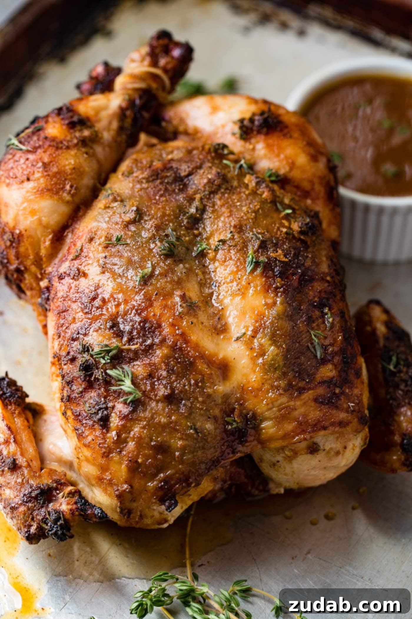 Traeger Smoked Whole Chicken 2 A perfectly smoked whole chicken, cooked to a rich golden-brown hue, adorned with fresh thyme sprigs. A small bowl of savory gravy sits invitingly beside it.