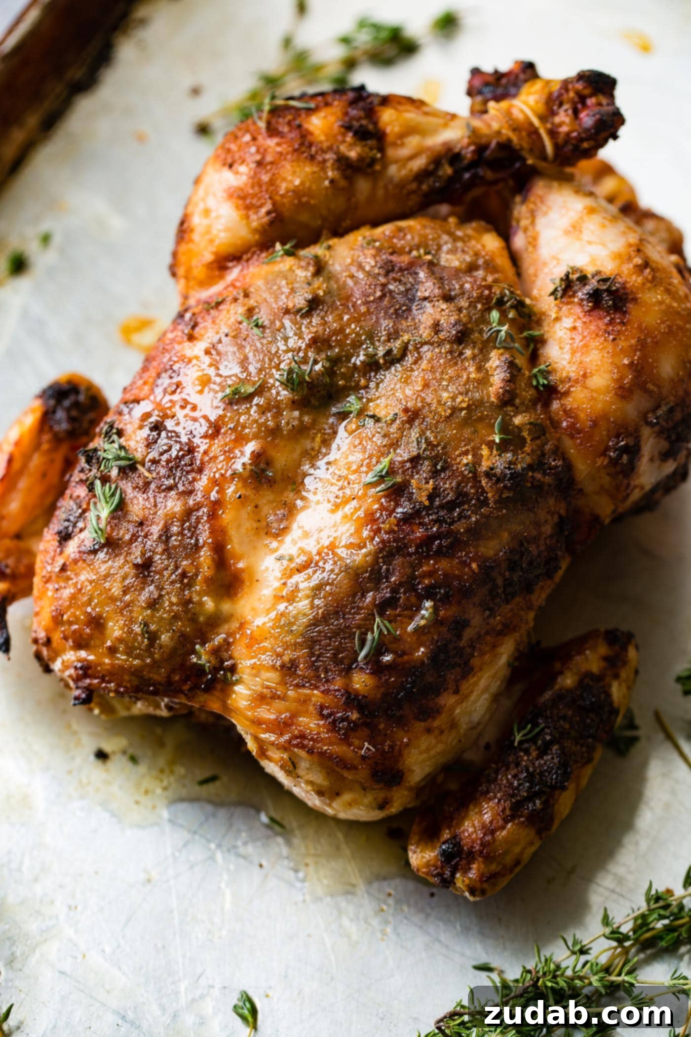 Traeger Smoked Whole Chicken 3 A beautifully smoked whole chicken, golden brown and garnished with fresh thyme, ready to be carved and served.
