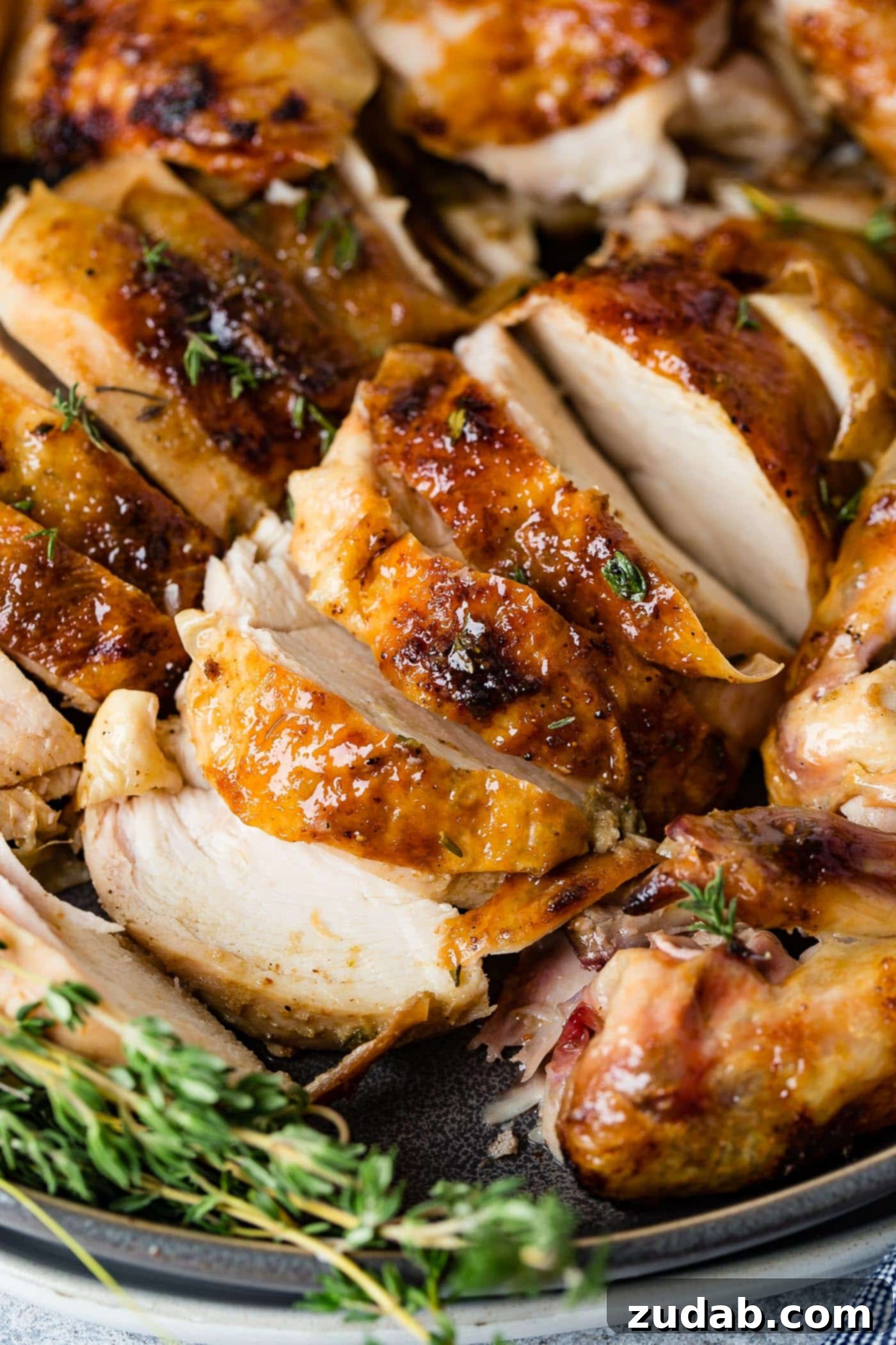Traeger Smoked Whole Chicken 4 Slices of juicy smoked chicken neatly arranged on a platter, accompanied by fresh sprigs of thyme, showcasing the perfect cook and vibrant seasoning.