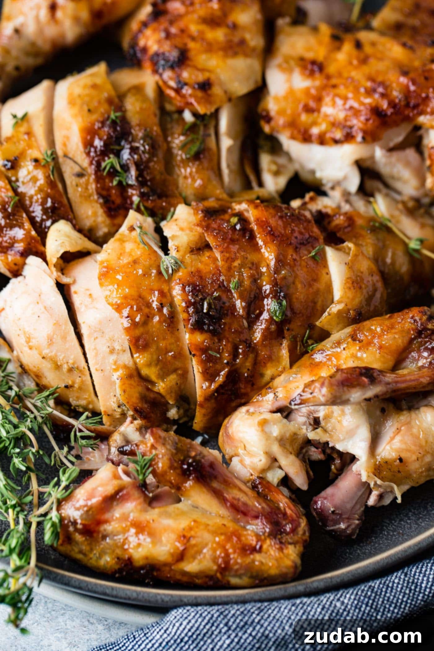 Traeger Smoked Whole Chicken 5 A perfectly carved smoked chicken on a serving platter, generously sprinkled with fresh thyme leaves, creating an inviting presentation.