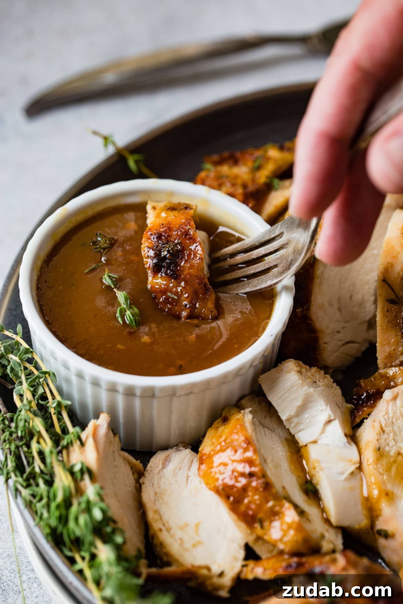 Traeger Smoked Whole Chicken 7 A small white bowl of savory gravy surrounded by perfectly sliced Traeger smoked chicken, garnished with fresh thyme. A fork dips a piece of chicken into the rich gravy.