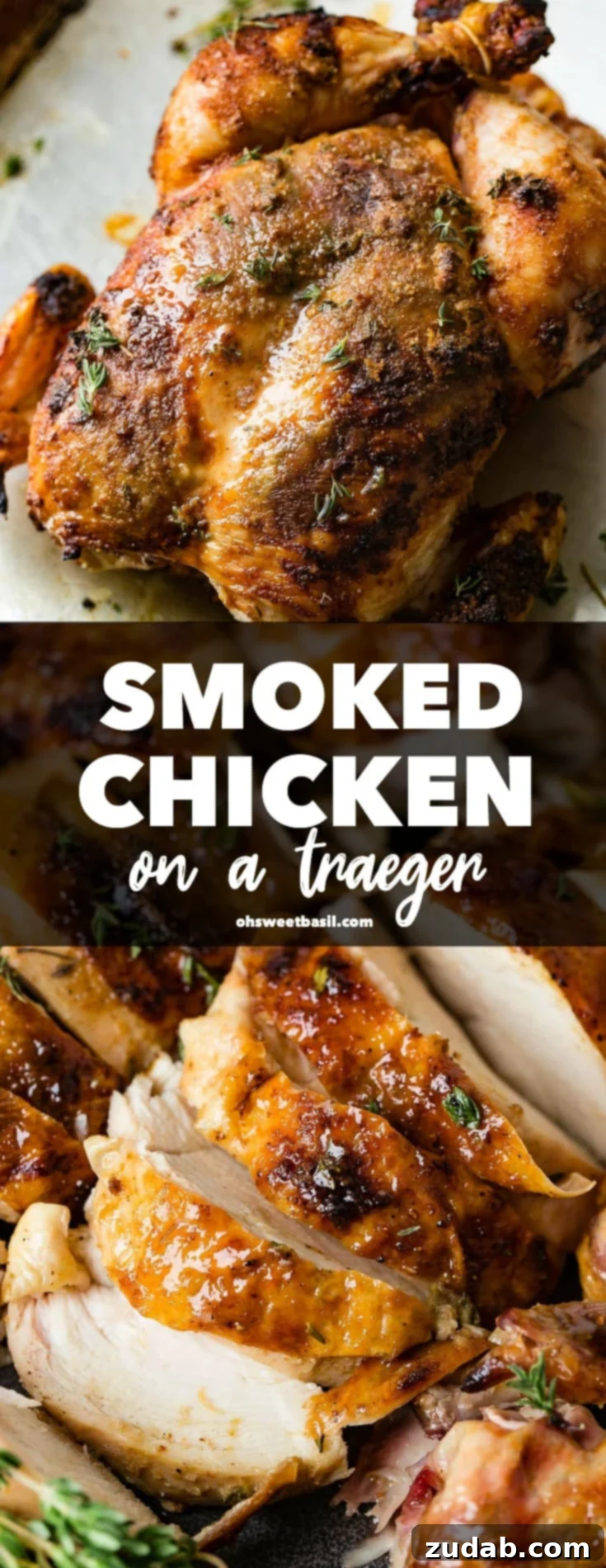 Traeger Smoked Whole Chicken 8 A beautifully cooked smoked whole chicken, presented on a wooden board, ready for carving. Fresh thyme sprigs are scattered around it, emphasizing its rustic appeal.