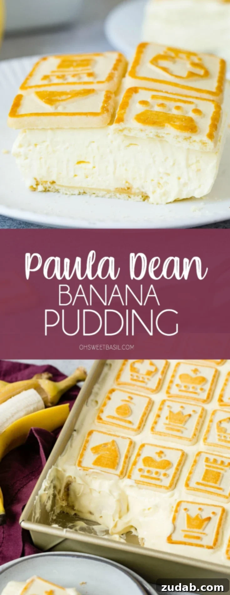 Paula Deen's Legendary Banana Pudding 10 A close-up of a delightful slice of Paula Deen's Not Yo Momma's Banana Pudding, showcasing its creamy layers and a generous topping of Chessman cookies. The inviting texture and golden-brown cookie bits make it an irresistible dessert.