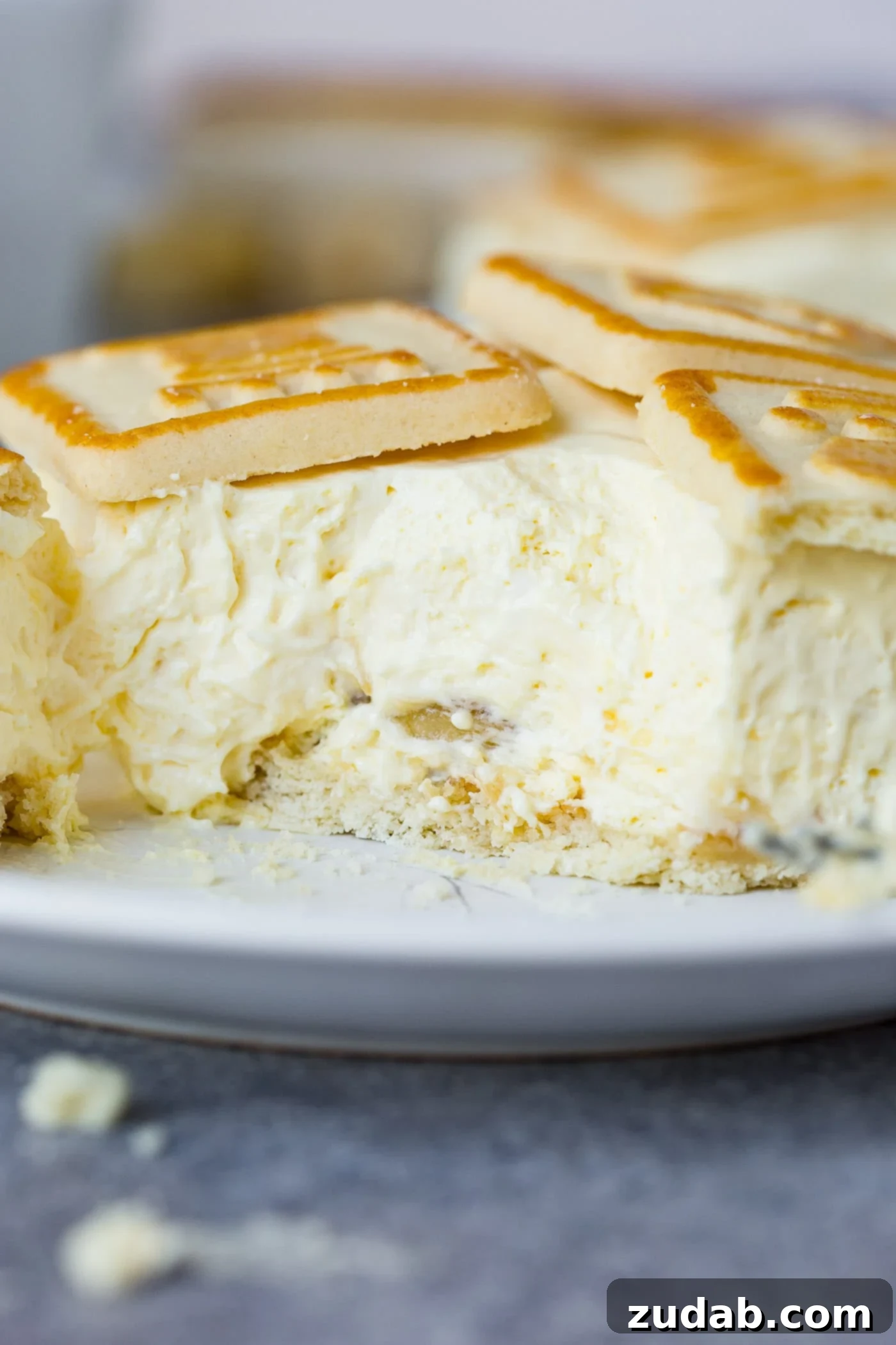 Paula Deen's Legendary Banana Pudding 3 A close-up slice of creamy banana pudding, generously topped with golden Chessman cookies, invitingly presented on a white dessert plate. The rich texture and sweet aroma promise a delightful dessert experience.