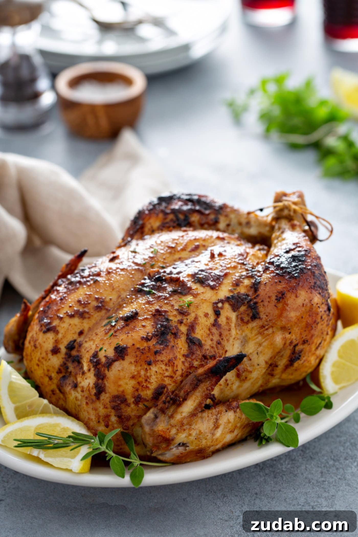 A beautifully golden-brown whole roasted chicken resting on a white platter, garnished with fresh lemon wedges and sprigs of thyme. A linen napkin, salt, and pepper shakers are visible on the table.