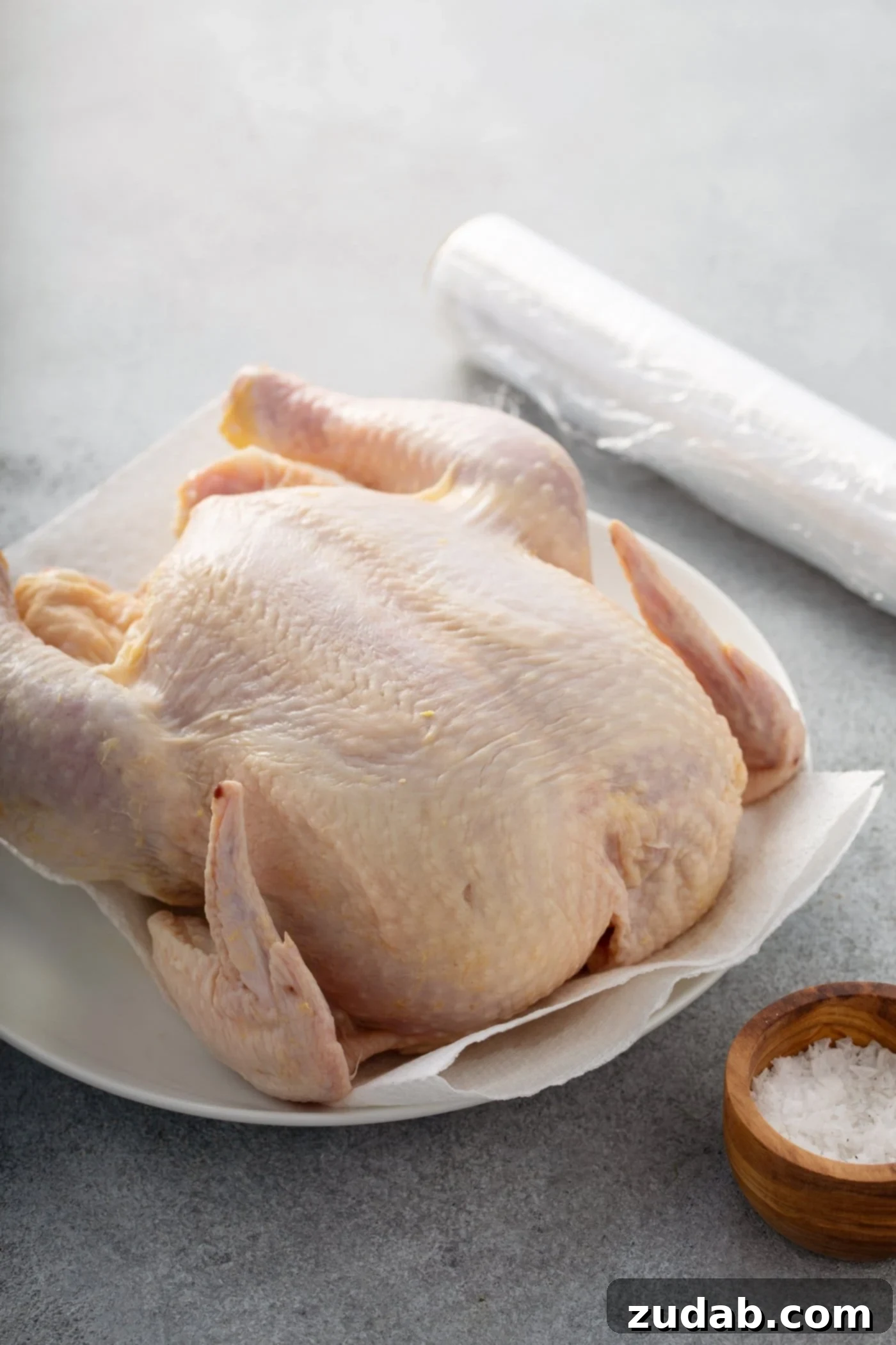 A raw whole chicken, meticulously prepared and resting on a piece of parchment paper. A roll of parchment paper and a small wooden bowl filled with salt are positioned next to the chicken, awaiting preparation.