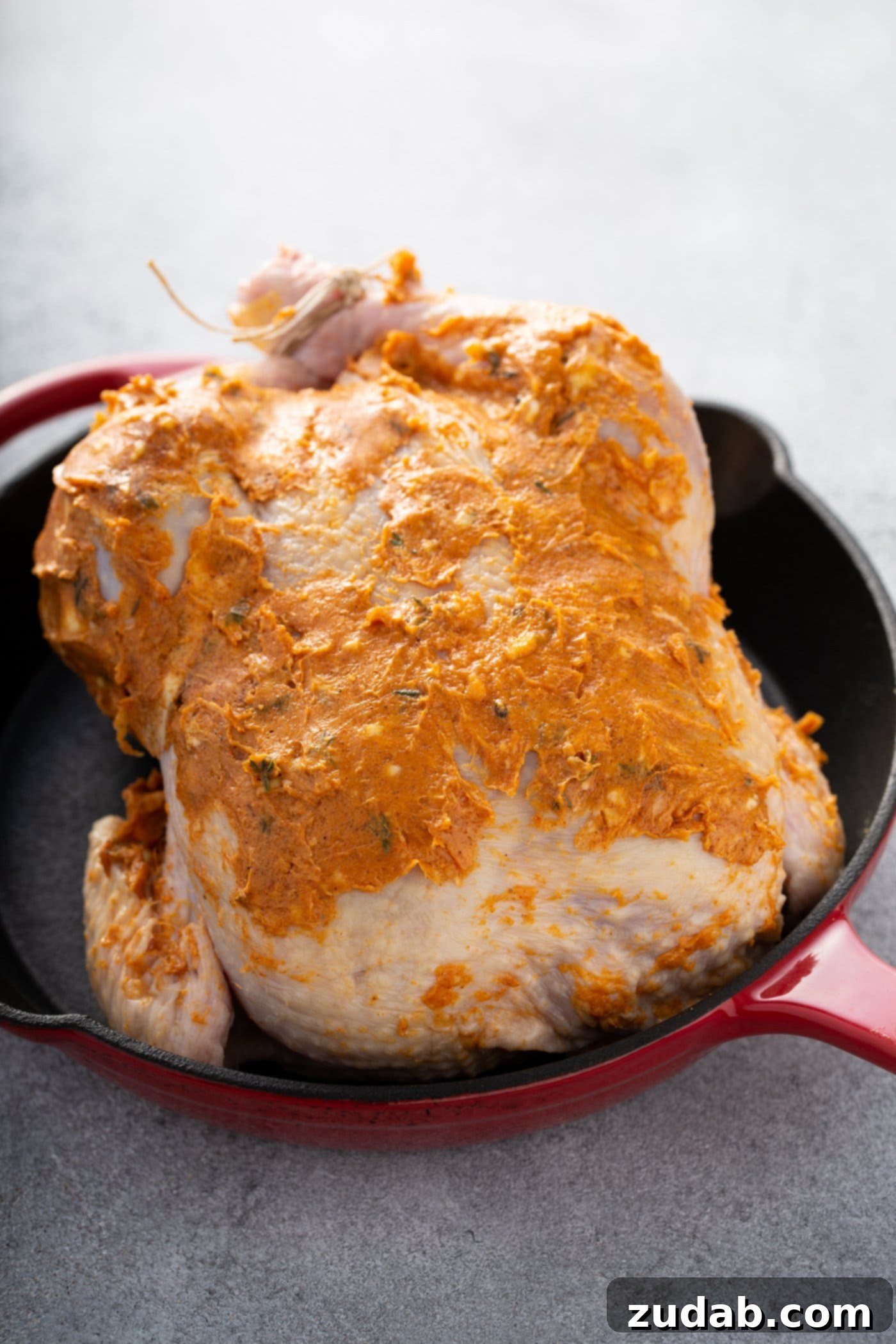 A whole chicken, prepped and seasoned for roasting, sits in a vibrant red Dutch Oven. The spiced rub is visibly worked into and onto the skin, promising a flavorful meal.