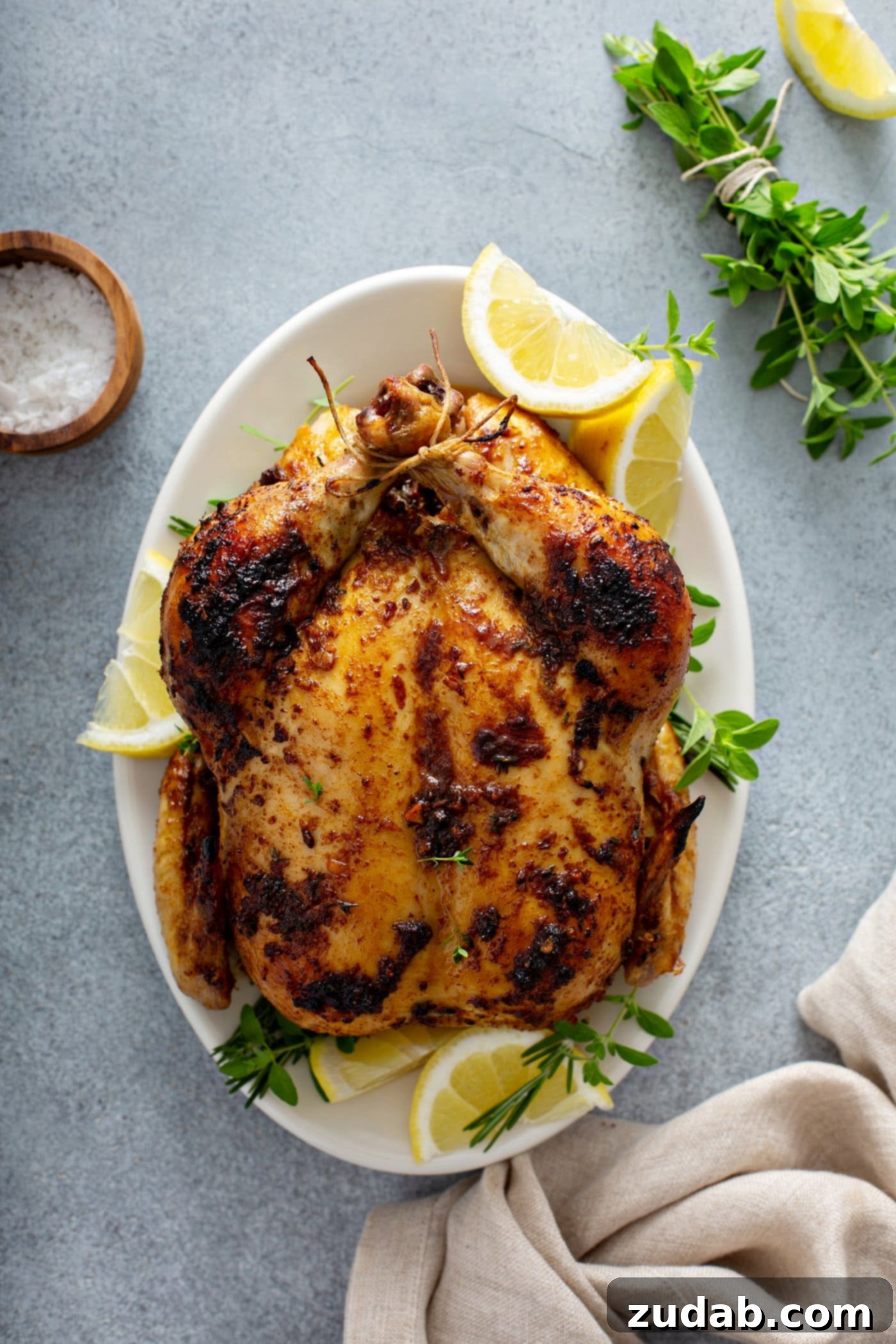 A whole roasted chicken, glistening golden brown, displayed on a white platter. It's elegantly garnished with fresh lemon wedges and vibrant sprigs of thyme. A small container of salt rests beside the platter on a wooden table.